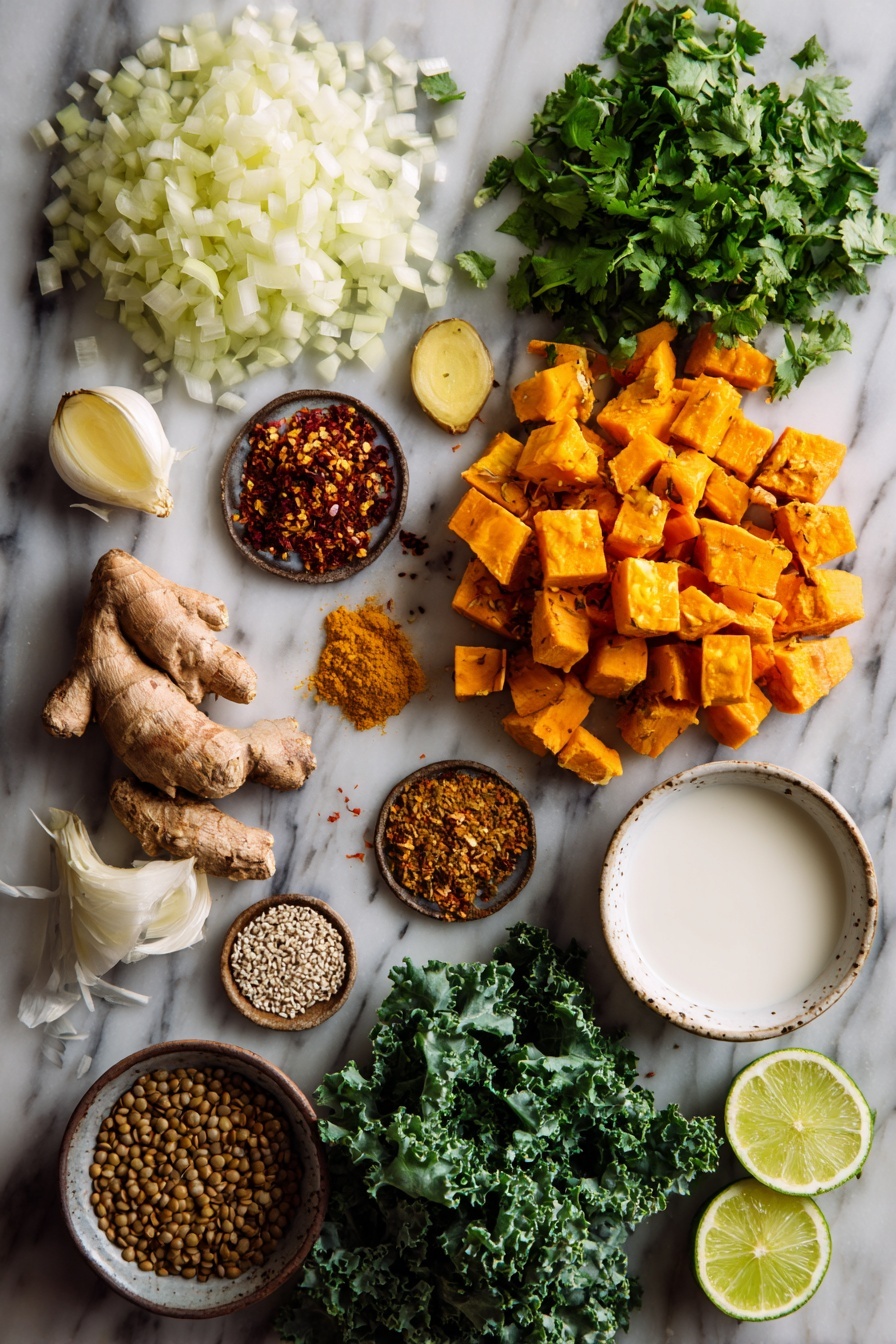 Ginger Sweet Potato and Coconut Milk Stew with Lentils and Kale, hearty plant-based stew, healthy vegan soup, flavorful sweet potato coconut stew, nourishing lentil and kale dish - Flat lay of a medium yellow onion diced into small pieces, a few dried chili flakes scattered lightly, small piles of ground coriander, cumin, and turmeric, a fresh peeled 2-inch piece of ginger minced finely, three peeled garlic cloves minced, a generous heap of sweet potato cubes about the size of walnuts, a small mound of dry brown lentils, a bunch of vibrant chopped kale leaves, a small bowl of creamy coconut milk, a few lime wedges, and a sprinkle of chopped fresh cilantro and nigella seeds placed on a white marble surface, photo taken with an iphone --ar 2:3 --v 7