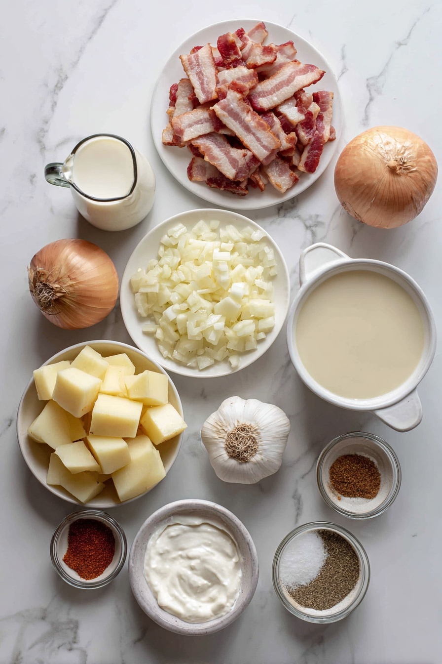 The Ultimate Potato Soup, creamy potato soup, hearty potato soup recipe, comforting potato soup, easy potato soup - Flat lay of six uncooked bacon strips cut into small pieces, a medium yellow onion chopped into rough chunks, three large garlic cloves minced, a small mound of all-purpose flour, six large peeled gold potatoes diced into cubes about one inch, a small jug of chicken broth, a glass of milk, a small container of heavy cream, a dollop of sour cream in a bowl, and a sprinkle of ground pepper and ancho chili powder in tiny dishes, placed on a white marble surface, photo taken with an iphone --ar 2:3 --v 7