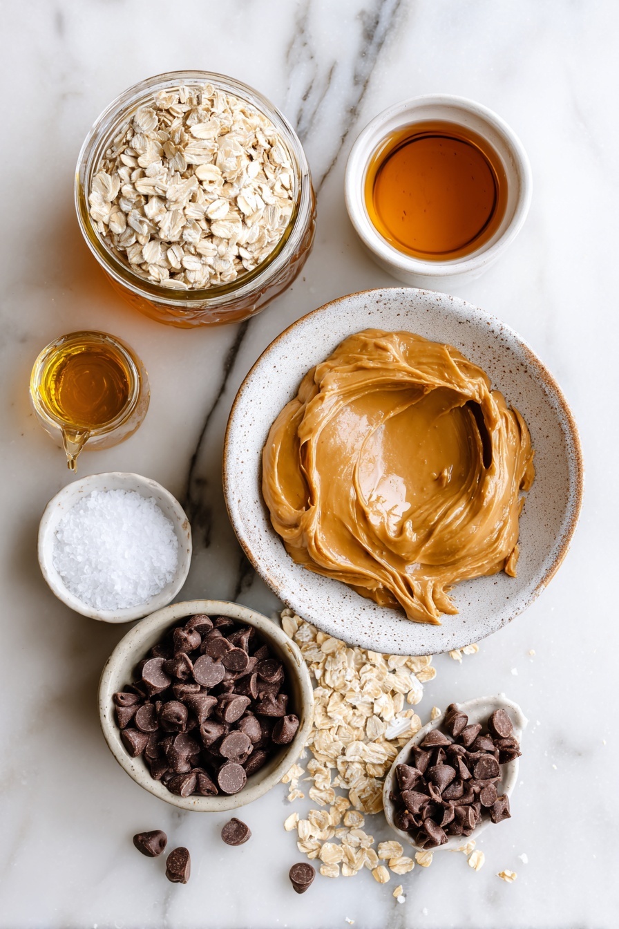 Peanut Butter No-Bake Cookies, easy peanut butter cookies, no-bake cookie recipes, quick dessert ideas, natural peanut butter treats - Flat lay of a medium bowl filled with creamy natural peanut butter, a small jar of golden maple syrup partially poured out, a small cup holding melted coconut oil, a tiny glass bottle of vanilla extract, a small heap of flaky sea salt, a generous pile of whole rolled oats spilling slightly, and a small bowl of mini chocolate chips scattered around, placed on a white marble surface, photo taken with an iphone --ar 2:3 --v 7