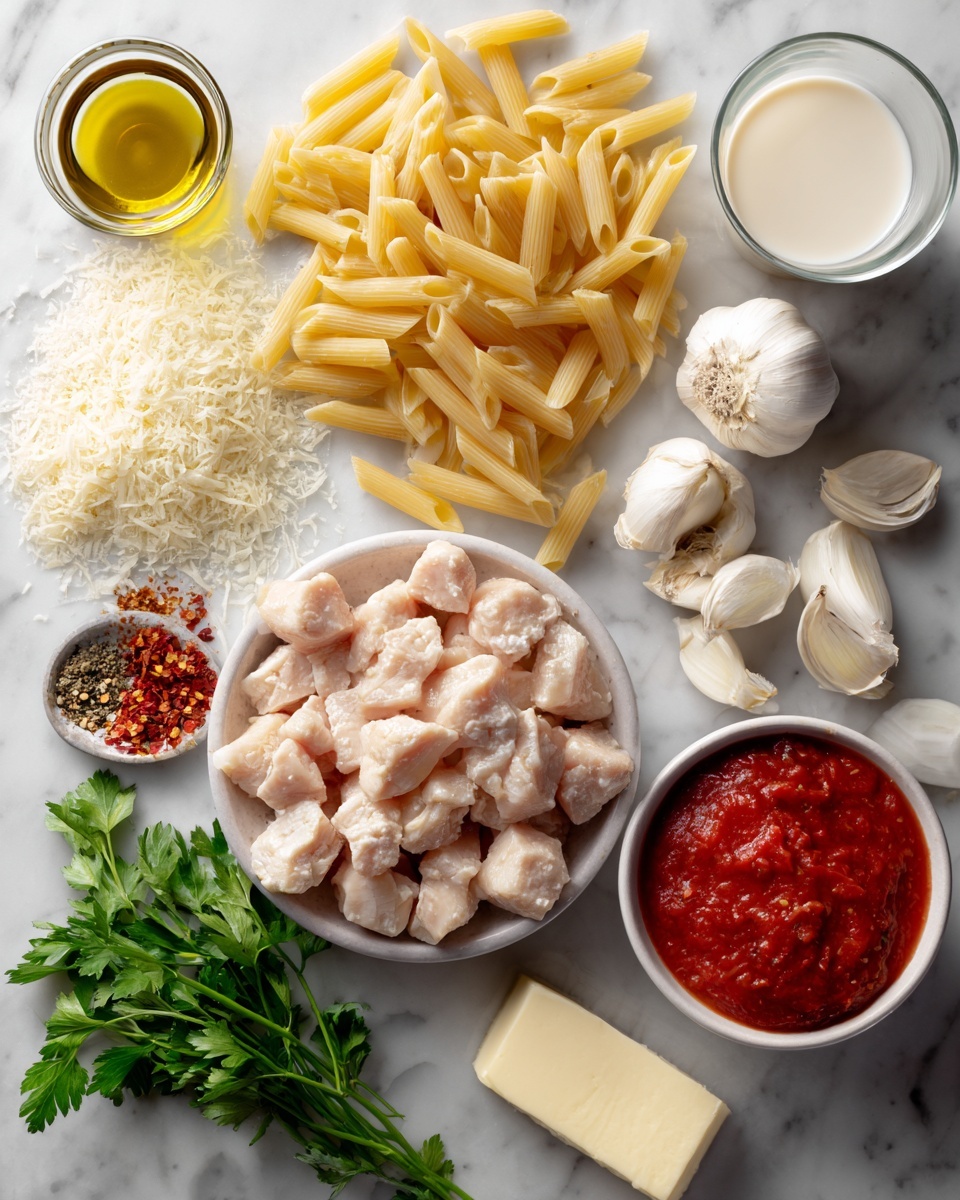 Chicken Parmesan Pasta, Chicken Parmesan Pasta recipe, easy Chicken Parmesan pasta, creamy Chicken Parmesan pasta, weeknight chicken pasta - Flat lay of a small mound of uncooked pasta, a few pieces of raw chicken breast cut into bite-sized chunks, a small diced onion, two peeled garlic cloves, a small bowl of bright red tomato sauce, a half-filled glass of creamy white half and half, a small pile of grated Parmesan cheese, a few scattered fresh parsley leaves, a small dish with red chili flakes and Italian seasoning, a drizzle of olive oil and a small pat of butter placed on a white marble surface, photo taken with an iphone --ar 2:3 --v 7