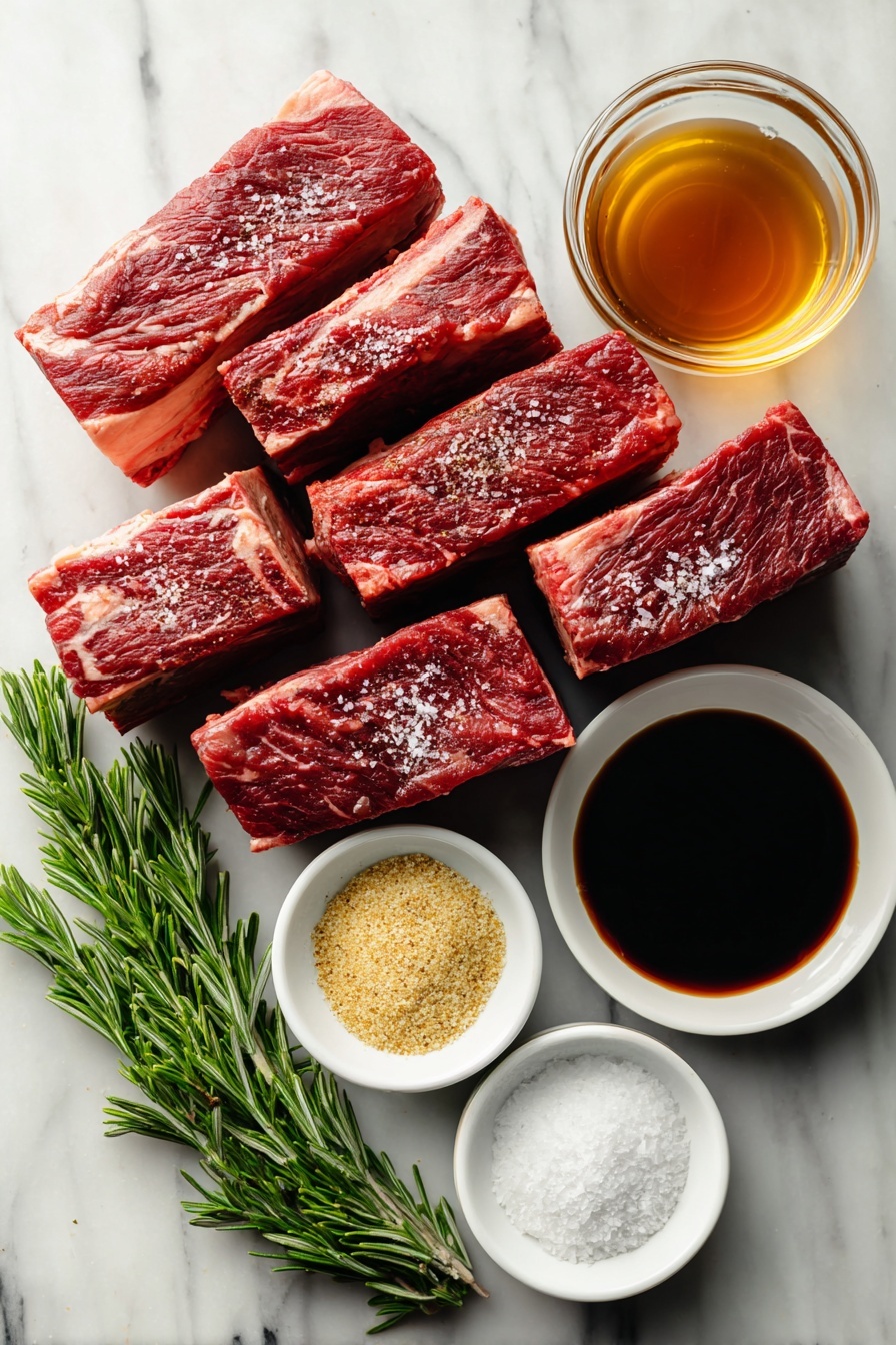 Slow Cooker Beef Short Ribs, beef short ribs slow cooker, tender beef short ribs, easy beef short ribs, savory beef ribs recipe - Flat lay of eight thick beef short ribs seasoned with salt and pepper, a small bowl of rich beef broth, a quarter cup of dark Worcestershire sauce in a glass container, a small pile of garlic powder and onion powder side by side, and a fresh green sprig of rosemary, all placed on a white marble surface, photo taken with an iphone --ar 2:3 --v 7