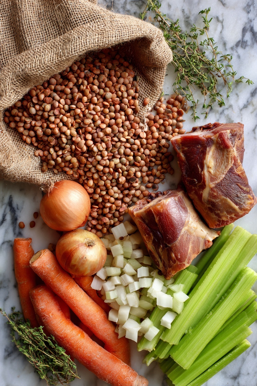 Split Pea Soup with Ham and Vegetables, hearty pea soup, ham and vegetable soup, comforting winter soup, easy split pea soup - Flat lay of dried split peas spilling gently from a rustic burlap sack, a plump white onion diced and whole, fresh celery ribs sliced with crisp green leaves, bright orange carrot rounds, two smoked ham hocks with a rich mahogany color, and a small pile of dried thyme leaves scattered artfully, placed on a white marble surface, photo taken with an iphone --ar 2:3 --v 7