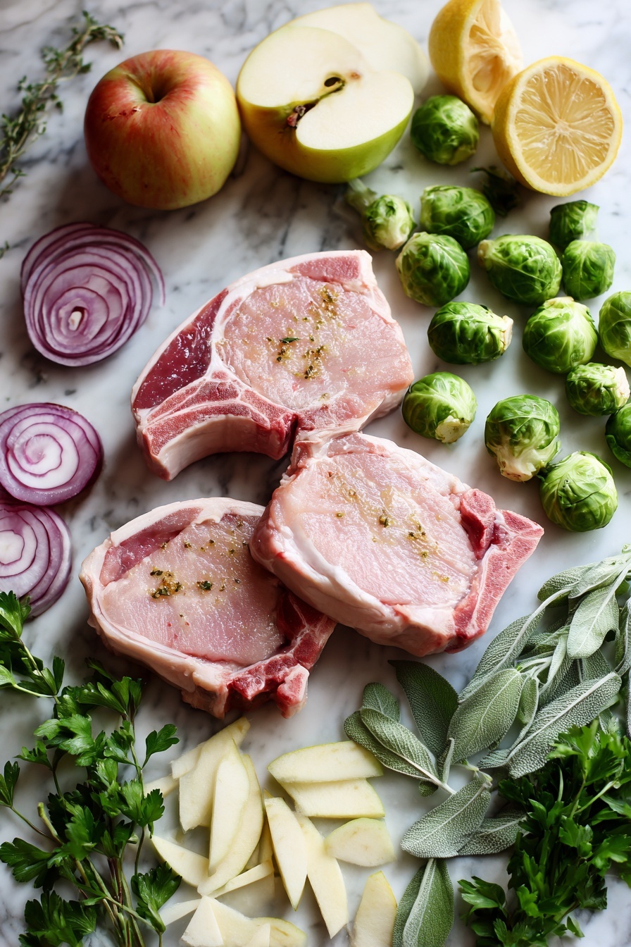 Sheet Pan Pork Chop Supper with Apples, Brussels Sprouts, and Sage, one-pan pork chop dinner, easy sheet pan pork recipes, healthy pork chop meals, flavorful apple and Brussels sprouts dinner - Flat lay of bone-in pork chops with a light coating of olive oil and fresh minced garlic, surrounded by halved Brussels sprouts, crisp Fuji apple wedges, thick red onion slices, sprigs of bright green Italian parsley, vibrant lemon halves, and scattered fresh sage leaves, all placed on a white marble surface, photo taken with an iphone --ar 2:3 --v 7