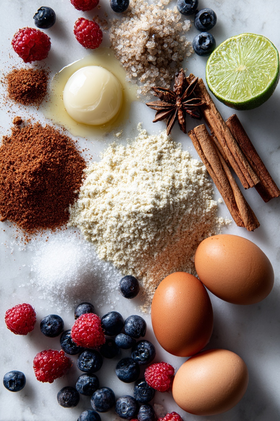Berry Snack Cake Paleo Gluten-Free, Paleo berry cake recipe, gluten-free berry cake, healthy snack cake with berries, grain-free dessert recipes - Flat lay of finely ground almond flour, cassava flour, ground cinnamon sticks, whole cardamom pods, softened ghee in a creamy dollop, large brown eggs, fresh lime with zest and juice droplets, and a vibrant mix of red and blue berries, all beautifully arranged with a touch of maple sugar crystals scattered lightly around, placed on a white marble surface, photo taken with an iphone --ar 2:3 --v 7
