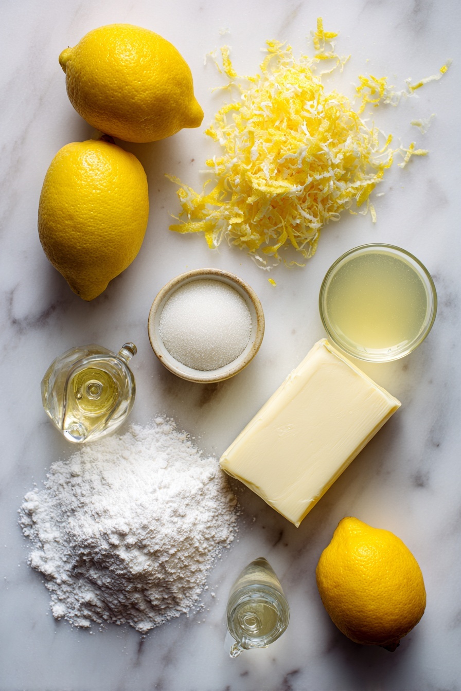 Lemon Crinkle Cookies, Lemon Crinkle Cookies Recipe, Bright Lemon Cookies, Soft Lemon Cookies, Zesty Lemon Cookies - Flat lay of fresh lemons with bright yellow zest shaved delicately, a small mound of granulated sugar sparkling under soft light, a smooth slab of vegan butter softened and creamy, a glass container of clear fresh lemon juice, tiny drops of golden yellow food coloring, a heap of white powdered sugar dusted lightly nearby, and a sprinkle of pure vanilla extract in a small glass vial, all beautifully arranged on a white marble surface, photo taken with an iphone --ar 2:3 --v 7