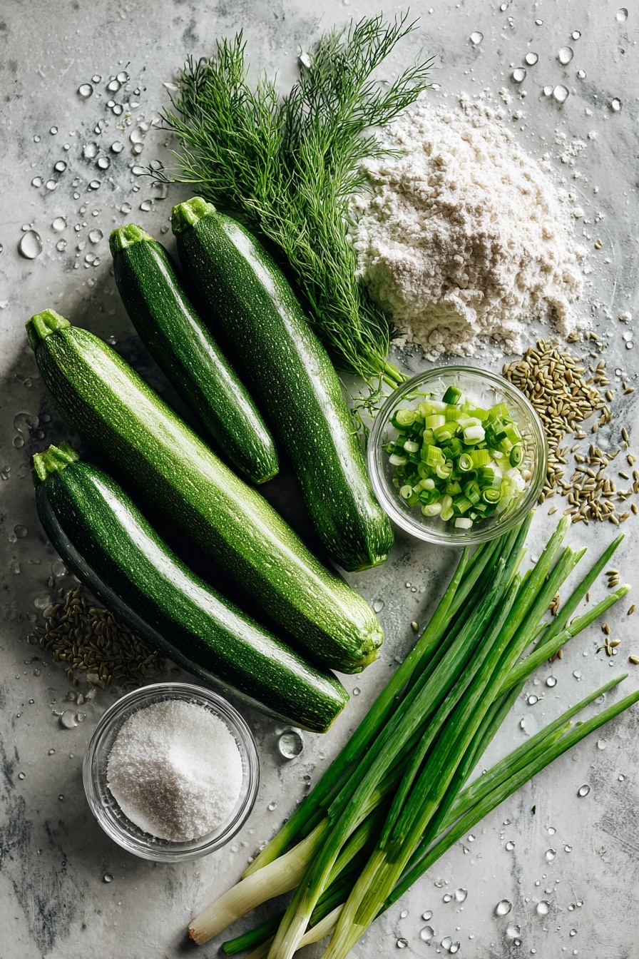 Vegan Zucchini Fritters, vegan zucchini fritters, crispy zucchini patties, healthy zucchini snacks, plant-based fritters - Flat lay of fresh whole zucchinis, a small pile of ground flaxseeds, bright green chopped spring onions, a handful of fresh dill sprigs, a small mound of all-purpose flour, a separate pile of fine cornstarch, and a glass of water droplets on the surface, all beautifully arranged with vibrant colors and natural textures, placed on a white marble surface, photo taken with an iphone --ar 2:3 --v 7
