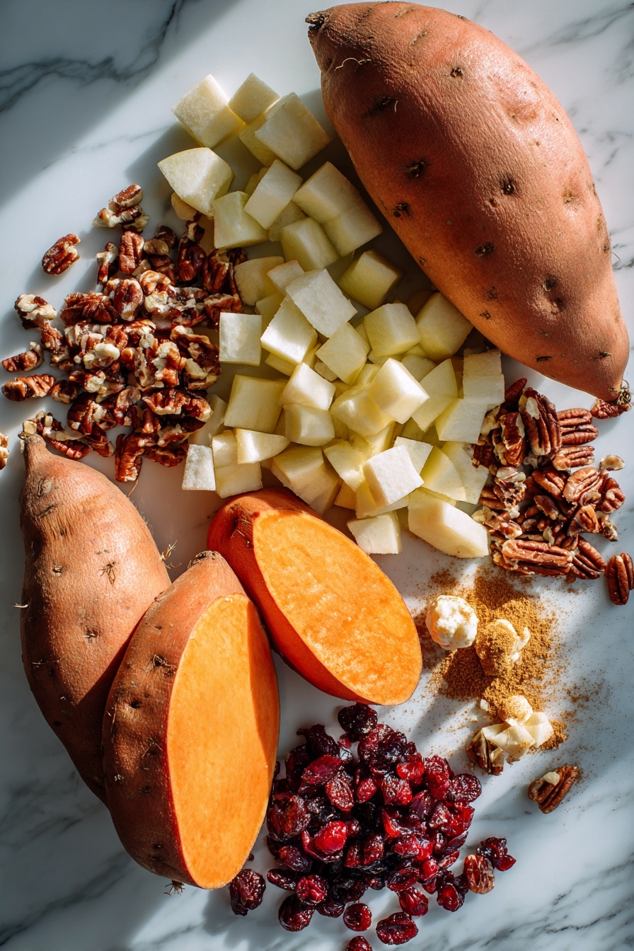 Cranberry Apple Twice-Baked Sweet Potatoes, festive sweet potato side dish, holiday sweet potato recipes, baked sweet potato with cranberries and apples, seasonal holiday side dish - Flat lay of two whole sweet potatoes with smooth orange skin, peeled and diced crisp apple cubes, vibrant dried cranberries scattered nearby, a small pile of chopped pecans, golden butter melting in soft chunks, and a sprinkle of warm brown coconut sugar alongside a dusting of ground cinnamon and nutmeg, all beautifully arranged with natural light highlighting their rich colors and textures, placed on a white marble surface, photo taken with an iphone --ar 2:3 --v 7