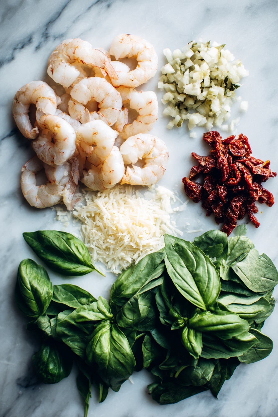 Creamy Tuscan Garlic Shrimp, garlic shrimp recipes, Tuscan shrimp skillet, easy seafood dinner, creamy shrimp pasta - Flat lay of raw peeled shrimp with tails on, a small diced onion, chopped garlic cloves, roughly chopped sun-dried tomatoes, fresh loosely packed spinach leaves, a small pile of grated parmesan cheese, and bright green fresh basil leaves beautifully arranged in vibrant colors and textures, placed on a white marble surface, photo taken with an iphone --ar 2:3 --v 7