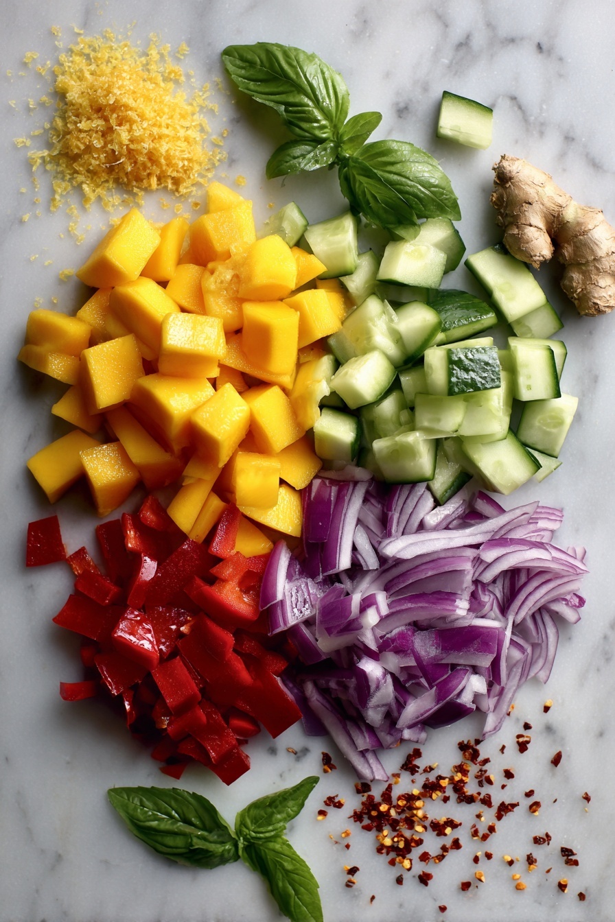 Mango Salad with Fresh Basil and Ginger Dressing, mango salad recipe, fresh fruit salad, healthy mango salad, tropical fruit salad - Flat lay of ripe diced mangoes, bright red diced bell pepper, fresh green cucumber cubes, thinly sliced purple red onion, and vibrant fresh basil leaves, alongside a small pile of grated fresh ginger root and scattered red chili flakes, all beautifully arranged in a colorful composition placed on a white marble surface, photo taken with an iphone --ar 2:3 --v 7