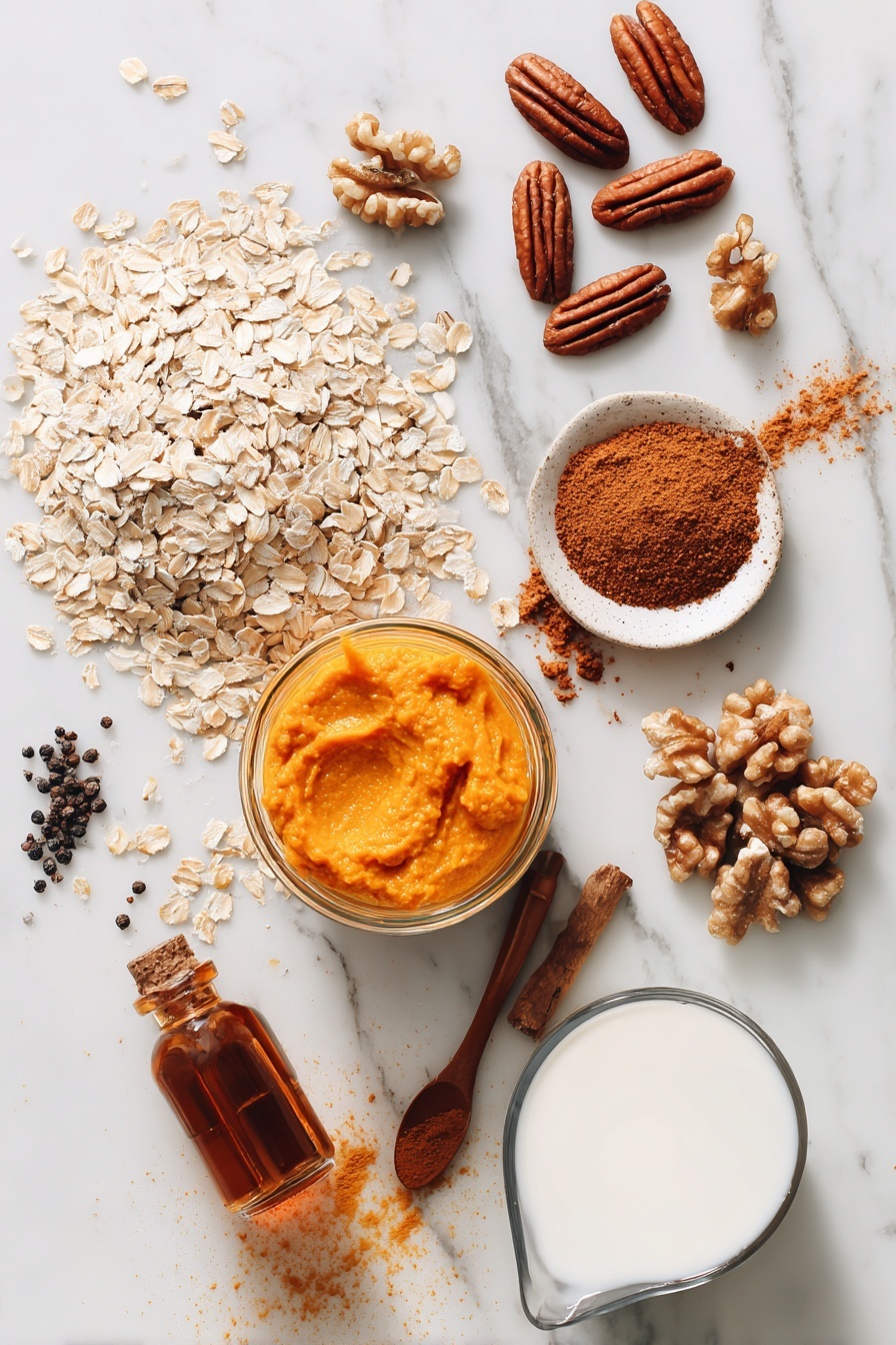 Pumpkin Oatmeal, pumpkin oatmeal recipe, cozy breakfast, autumn breakfast ideas, healthy pumpkin oatmeal - Flat lay of rolled oats scattered alongside a smooth dollop of bright orange pumpkin puree, a small heap of warm brown pumpkin pie spice, a few glossy pecans and chopped walnuts, a drizzle of golden maple syrup pooling gently, a splash of creamy soy milk in a soft splash form, and a tiny glass vial of pure vanilla extract, all beautifully arranged on a white marble surface, photo taken with an iphone --ar 2:3 --v 7