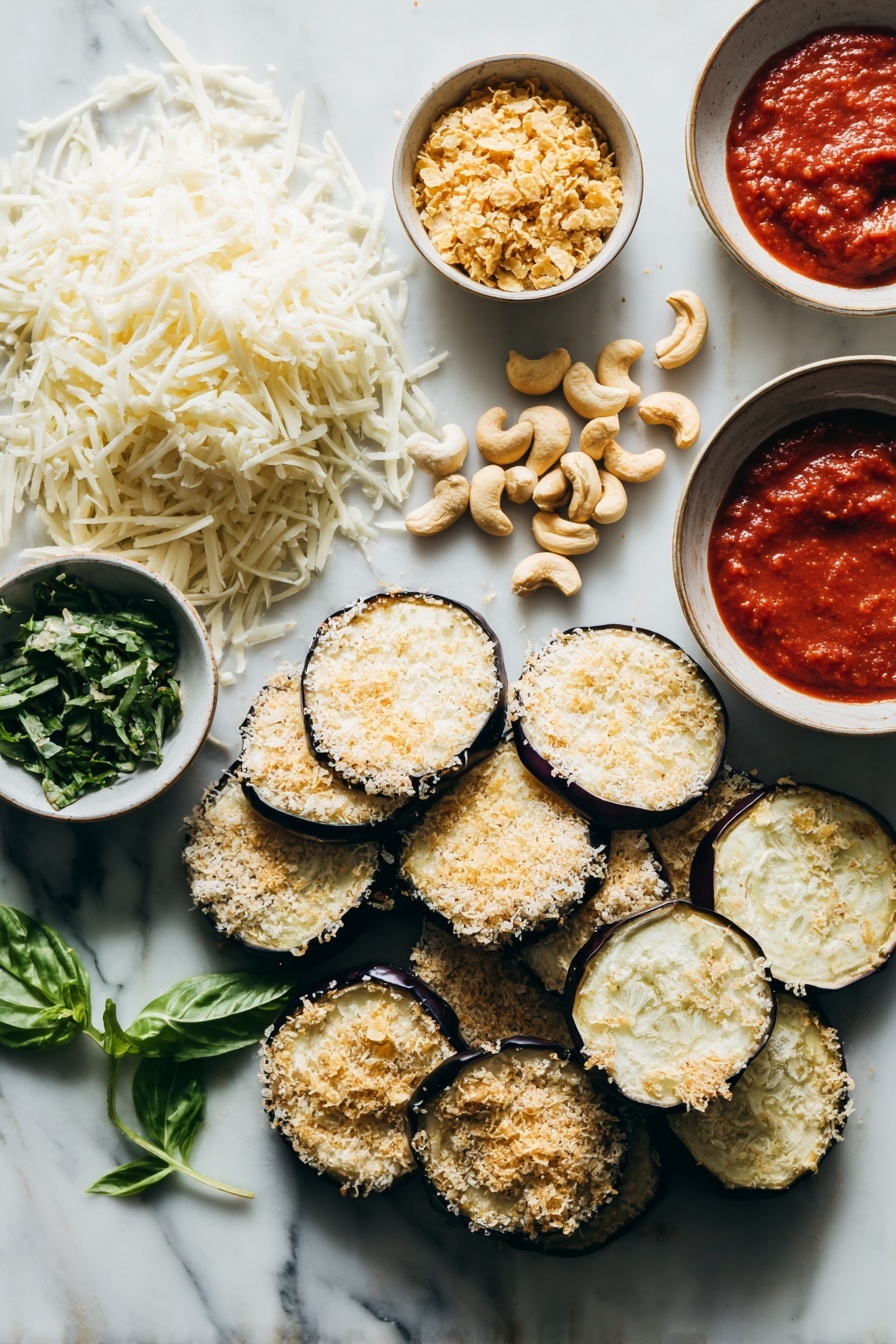 Vegan Eggplant Parmesan, plant-based Eggplant Parmesan, dairy-free Eggplant Parmesan, cheesy vegan Eggplant Parmesan, crispy eggplant dairy-free - Flat lay of thickly sliced fresh eggplant rounds, a small bowl of golden crushed cornflakes, raw cashew nuts scattered nearby, a mound of pale yellow nutritional yeast flakes, a handful of bright green chopped fresh basil leaves, vibrant red dollops of rich marinara sauce, and a pile of shredded vegan mozzarella cheese with soft white vegan Parmesan shreds on the side, all beautifully arranged with natural light highlighting their textures and colors, placed on a white marble surface, photo taken with an iphone --ar 2:3 --v 7