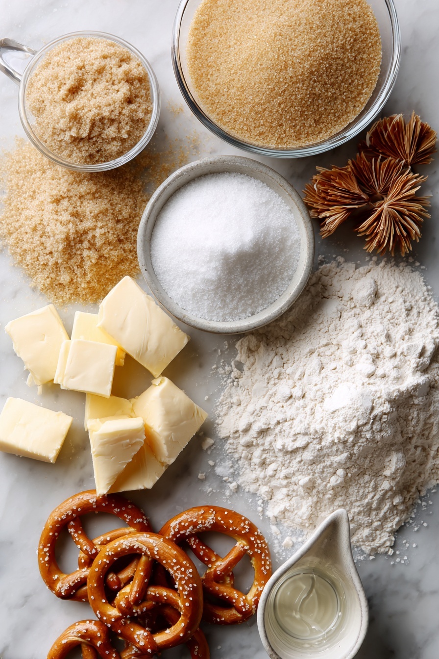 Vegan Pretzel Bites, vegan snack ideas, plant-based pretzels, easy vegan pretzels, salty vegan snacks - Flat lay of light brown sugar scattered alongside heaping spoonfuls of instant yeast, a neat pile of all-purpose flour, a small bowl of coarse sea salt crystals, several chunks of creamy melted vegan butter, a mound of baking soda powder, a measuring cup filled with warm water, all beautifully arranged with a few twisted raw pretzel dough bites resting among the ingredients, placed on a white marble surface, photo taken with an iphone --ar 2:3 --v 7