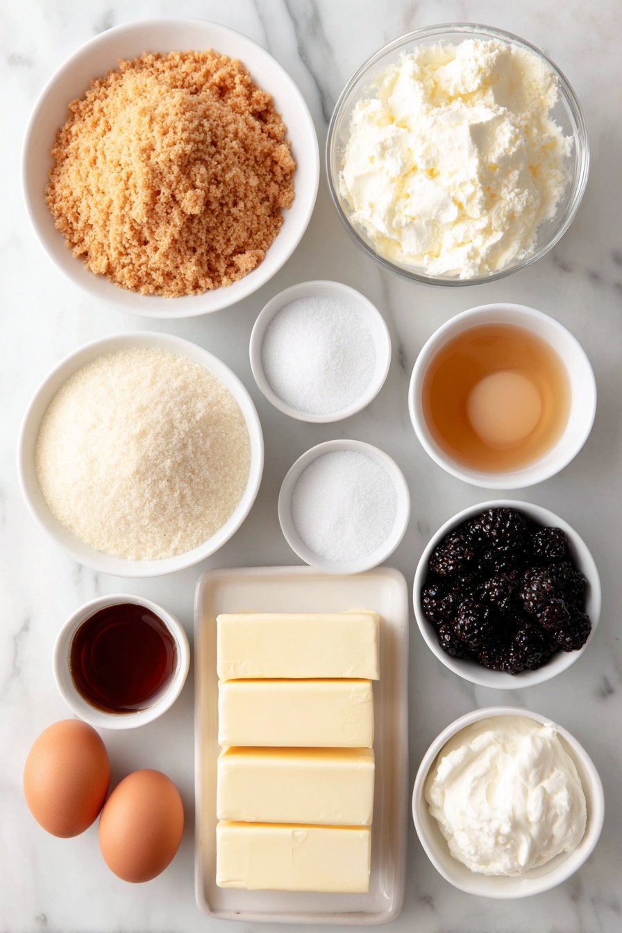 Mulberry & Earl Grey Cheesecake, Earl Grey tea cheesecake, Mulberry fruit dessert, Elegant fruit cheesecake, Unique cheesecake recipes - Flat lay of a small mound of golden graham cracker crumbs, a small white bowl of granulated sugar, a small white bowl with melted butter glistening, two blocks of smooth cream cheese, a small white bowl of granulated sugar, a small white bowl with clear cooled Earl Grey tea, a small white bowl of thick sour cream, two whole brown eggs with clean shells, a small white bowl filled with dark purple fresh mulberries, a small white bowl of clear water, a small white bowl of granulated sugar, and a small white bowl with fresh lemon juice, all arranged symmetrically on a clean white marble surface, soft natural light, photo taken with an iPhone, professional food photography style, fresh ingredients, white ceramic bowls, no bottles, no duplicates, no utensils, no packaging --ar 2:3 --v 7 --p awthu7i m7354615311229779997