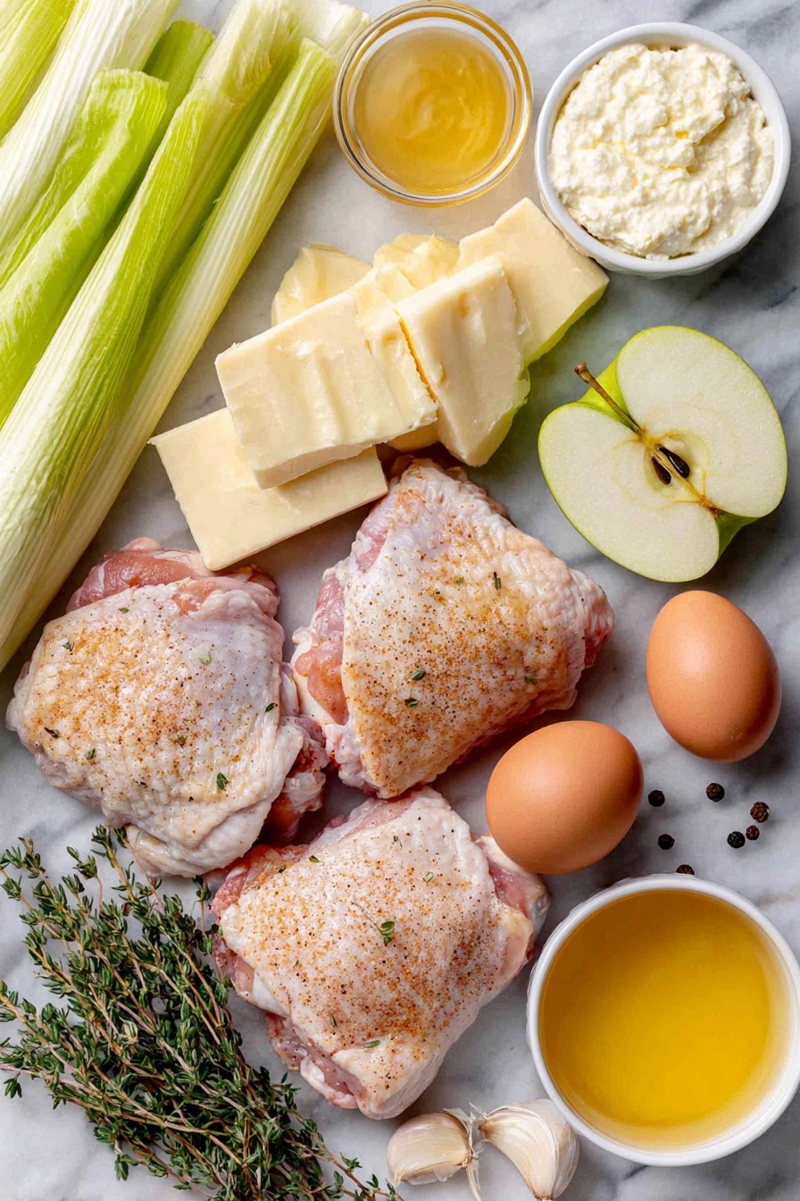 French Chicken Normandy, Chicken Normandy casserole, French comfort food, French chicken recipes, fall chicken dishes - Flat lay of fresh raw bone-in chicken thighs with skin on, a few thick slices of white and light green leeks, three crisp green apples halved and sliced, two whole uncracked brown eggs, a small pat of butter, two cloves of garlic with papery skins removed, fresh thyme sprigs still on stems, a small white bowl of creamy Dijon mustard, a small white bowl of light golden brandy, a small white bowl of pale golden dry hard apple cider, a small white bowl of rich creamy creme fraiche, all arranged with kosher salt crystals and whole black peppercorns scattered artfully, placed on a clean white marble surface, soft natural light, photo taken with an iPhone, professional food photography style, fresh ingredients, white ceramic bowls, no bottles, no duplicates, no utensils, no packaging --ar 2:3 --v 7 --p awthu7i m7354615311229779997