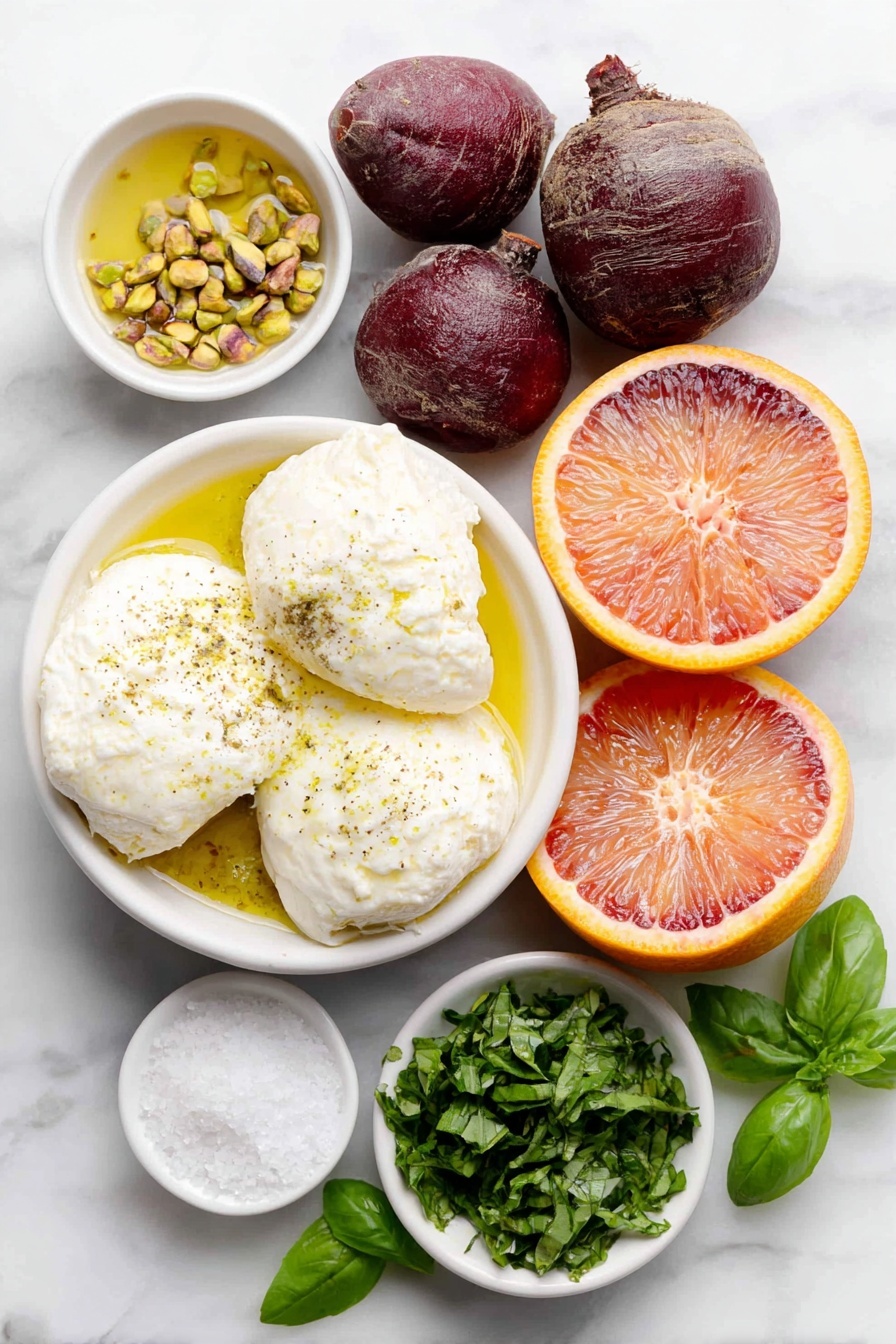 Roasted Beet and Burrata Salad, beet and burrata salad, roasted beet salad, citrus beet salad, easy gourmet salad - Flat lay of three small red beets, three small orange beets, two whole burrata balls, one small blood orange cut in half showing the vibrant interior, one medium cara cara orange halved revealing the pinkish flesh, a small white bowl with chopped pistachios, a small white bowl with loosely packed fresh basil leaves, a small white bowl of bright green basil oil, a small white bowl of olive oil, a small white bowl of fresh orange juice, a small white bowl of kosher salt, and a few whole basil leaves scattered gently around, all ingredients fresh and natural, no packaging, arranged with perfect symmetry on simple white ceramic bowls and plates, placed on a clean white marble surface, soft natural light, photo taken with an iPhone, professional food photography style, fresh ingredients, white ceramic bowls, no bottles, no duplicates, no utensils, no packaging --ar 2:3 --v 7 --p awthu7i m7354615311229779997