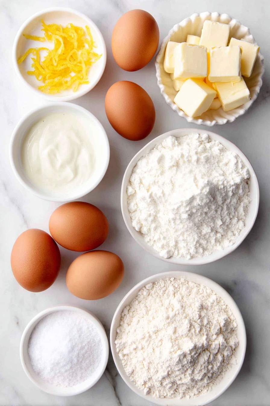 Lemon Crème Brûlée Cookies, Lemon Dessert Recipes, Lemon Cookie Recipes, Elegant Lemon Cookies, Easy Lemon Bakery Treats - Flat lay of six whole uncracked brown eggs with clean shells, a small white ceramic bowl of fresh whole milk, a few bright yellow lemon zests scattered neatly, a small white ceramic bowl filled with granulated white sugar, a few small cubes of pale unsalted butter, a small white ceramic bowl of fine white cornstarch powder, a mound of pale beige all-purpose flour, and a small white ceramic bowl containing smooth vanilla bean paste, all arranged symmetrically on a clean white marble surface, soft natural light, photo taken with an iPhone, professional food photography style, fresh ingredients, white ceramic bowls, no bottles, no duplicates, no utensils, no packaging --ar 2:3 --v 7 --p awthu7i m7354615311229779997