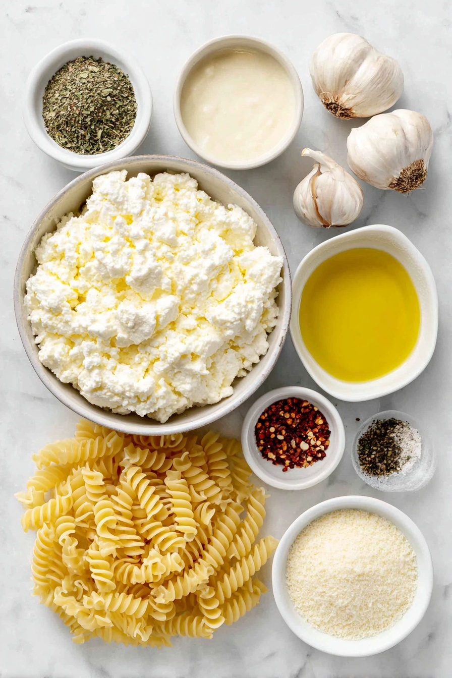 Creamy Cottage Cheese Pasta Sauce, healthy pasta sauce, light creamy pasta, high protein pasta toppings, quick cottage cheese pasta - Flat lay of a small white ceramic bowl filled with creamy full-fat cottage cheese, a small white bowl containing pale almond milk, a small white bowl with golden olive oil, three whole uncracked garlic cloves, a small white bowl of finely grated Parmesan cheese, a small white bowl with fine white cornstarch powder, a small white bowl holding a mix of dried Italian seasoning herbs, a small white bowl with coarse salt crystals, a small white bowl with ground black pepper, a small white bowl of red pepper flakes, and a nest of cooked chickpea pasta arranged symmetrically, all placed on a clean white marble surface, soft natural light, photo taken with an iPhone, professional food photography style, fresh ingredients, white ceramic bowls, no bottles, no duplicates, no utensils, no packaging --ar 2:3 --v 7 --p awthu7i m7354615311229779997