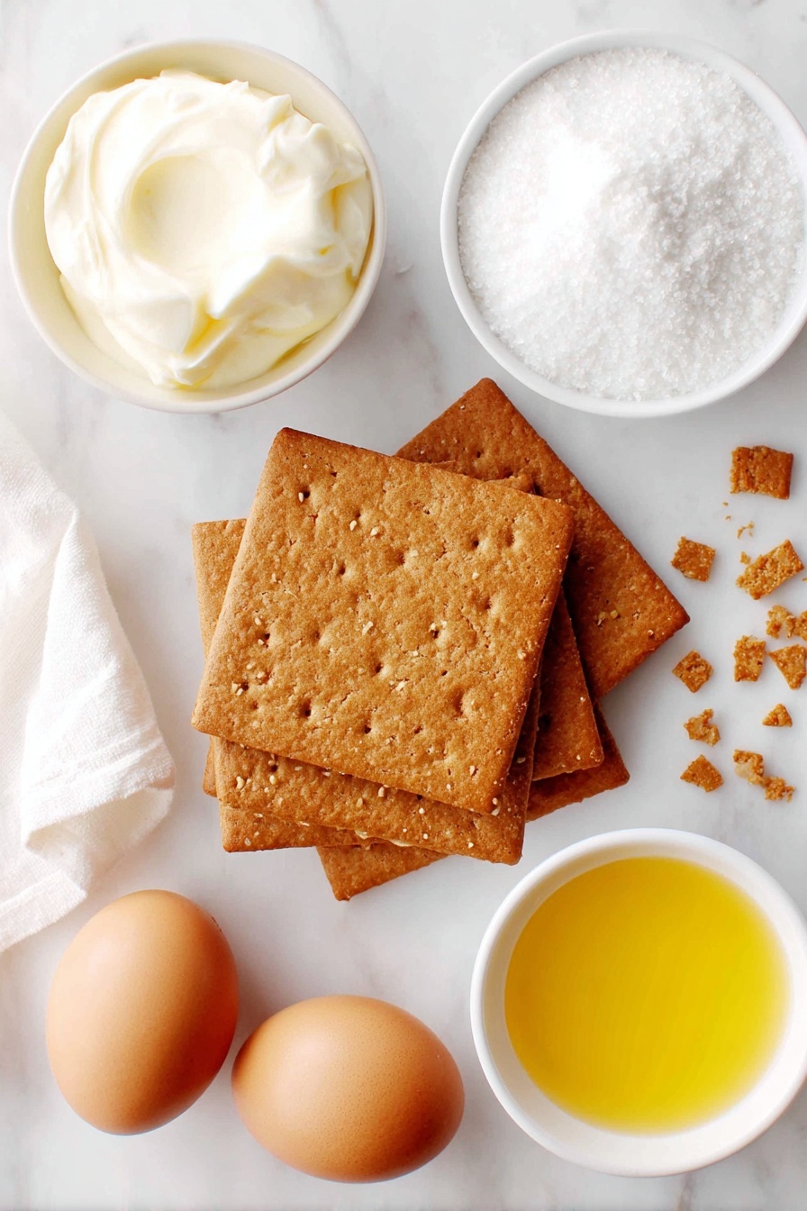 Creamy Lemon Squares, Lemon Squares, Lemon Dessert, Easy Lemon Bars, Tangy Lemon Squares - Flat lay of a small stack of square graham crackers with golden brown texture, a few loose crumbs around them, a small white ceramic bowl filled with melted golden butter, a small white ceramic bowl with white granulated sugar, two whole brown eggs with smooth clean shells, a small white ceramic bowl holding thick creamy sweetened condensed milk, and a small white ceramic bowl with bright yellow freshly squeezed lemon juice, all arranged symmetrically and evenly spaced, placed on a clean white marble surface, soft natural light, photo taken with an iPhone, professional food photography style, fresh ingredients, white ceramic bowls, no bottles, no duplicates, no utensils, no packaging --ar 2:3 --v 7 --p m7354615311229779997