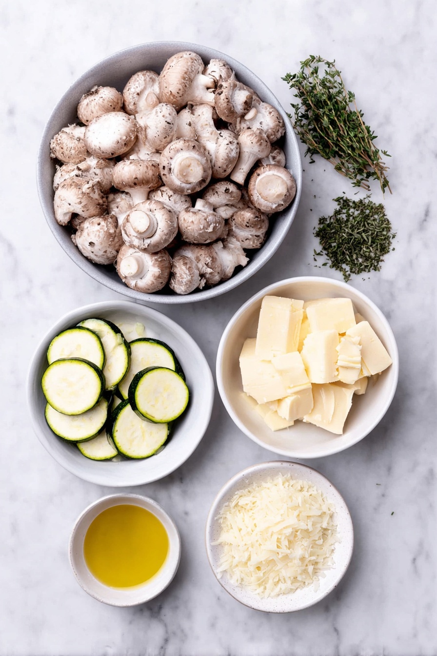 Skillet Zucchini and Mushrooms, healthy vegetable side dish, quick zucchini mushroom recipe, easy veggie stir-fry, flavorful zucchini mushroom skillet - Flat lay of fresh small button mushrooms clustered naturally, two small zucchini sliced into thin half-moon shapes, a small yellow onion finely diced in a neat pile, a few peeled garlic cloves minced and arranged, fresh chopped green herbs including thyme and oregano sprigs, a small handful of bright green parsley leaves, a small pile of finely grated parmesan cheese, a small white ceramic bowl with golden olive oil, another small white bowl with creamy butter pats, and a third small white bowl filled with clear vegetable broth, all ingredients laid out symmetrically on a clean white marble surface, soft natural light, photo taken with an iPhone, professional food photography style, fresh ingredients, white ceramic bowls, no bottles, no duplicates, no utensils, no packaging --ar 2:3 --v 7 --p m7354615311229779997