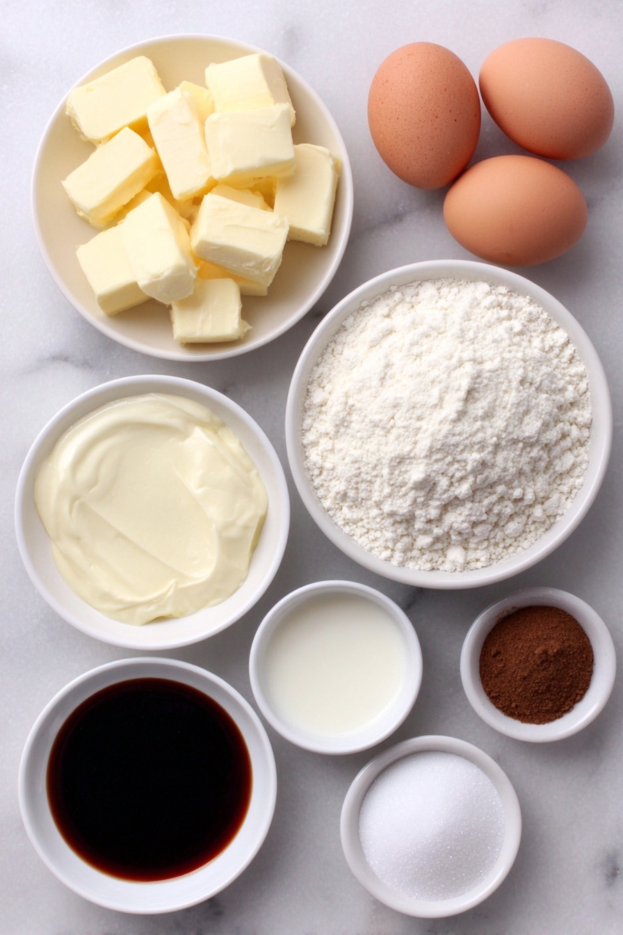 Cinnamon Donut Bread, cinnamon donut bread, cinnamon bread recipe, sweet breakfast bread, cinnamon swirl loaf - Flat lay of a small white ceramic bowl filled with golden canola oil, a few chunks of unsalted butter softened to creamy texture, a small white bowl heaped with white granulated sugar, two whole brown eggs with smooth clean shells, a small white bowl of translucent vanilla extract, a neat pile of all-purpose flour on a white ceramic plate, a small white bowl of fine baking powder, a pinch of salt in a small white dish, a small white bowl filled with creamy buttermilk, a small white bowl containing warm brown ground cinnamon, and a tiny white bowl with dark glossy molasses all arranged symmetrically, placed on a clean white marble surface, soft natural light, photo taken with an iPhone, professional food photography style, fresh ingredients, white ceramic bowls, no bottles, no duplicates, no utensils, no packaging --ar 2:3 --v 7 --p m7354615311229779997