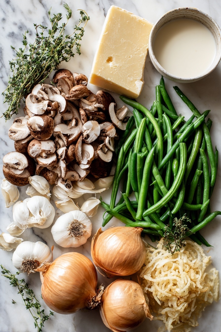 Green Bean Casserole with Cremini Mushrooms and Crispy Onions, healthy green bean casserole, homemade green bean casserole, mushroom green bean bake, festive vegetable side dish - Flat lay of fresh green beans trimmed and halved, sliced cremini mushrooms with their smooth, brown caps, whole garlic cloves with papery white skin, sprigs of fresh thyme with tiny green leaves, a wedge of pale yellow Parmesan cheese showing its textured rind, whole yellow onions with golden brown skin, crisp French fried onions with a light golden color and crunchy texture, and a small bowl of creamy milk with a smooth white surface, all beautifully arranged in natural clusters and scattered artfully, placed on white marbled surface, photo taken with an iphone --ar 2:3 --v 7