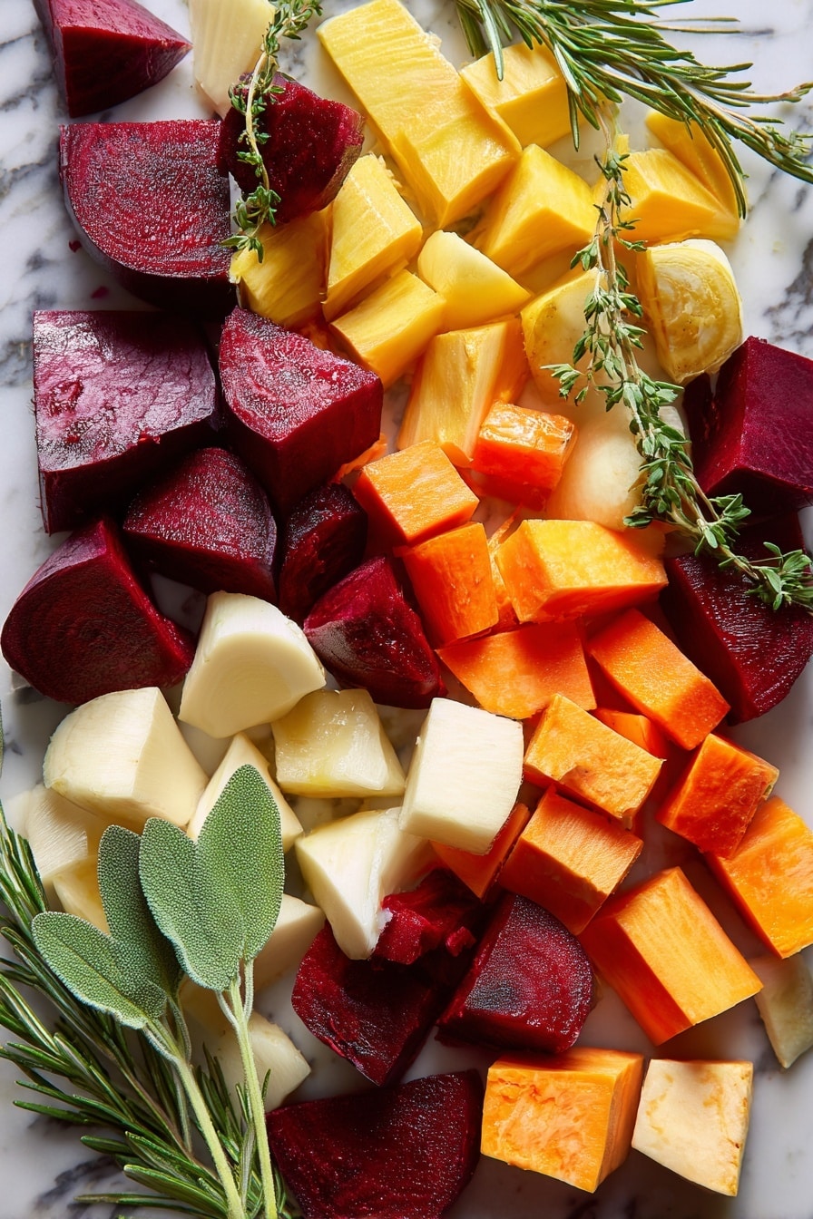Roasted Root Vegetables with Crispy Sage and Sage Oil, roasted vegetable side dish, caramelized root veggies, crispy sage garnish, sage oil recipe - Flat lay of vibrant red and golden beets peeled and cut into chunks, bright orange carrot slices with smooth edges, pale cream parsnip pieces, rich orange sweet potato cubes, and soft white turnip chunks, all fresh and raw. Scattered among them are sprigs of fresh green rosemary, sage leaves with a velvety texture, and delicate thyme leaves. A few crisp, deep green sage leaves add contrast, their texture slightly crinkled. The ingredients are naturally and loosely arranged to show off their earthy colors and textures, placed on white marbled surface, photo taken with an iphone --ar 2:3 --v 7