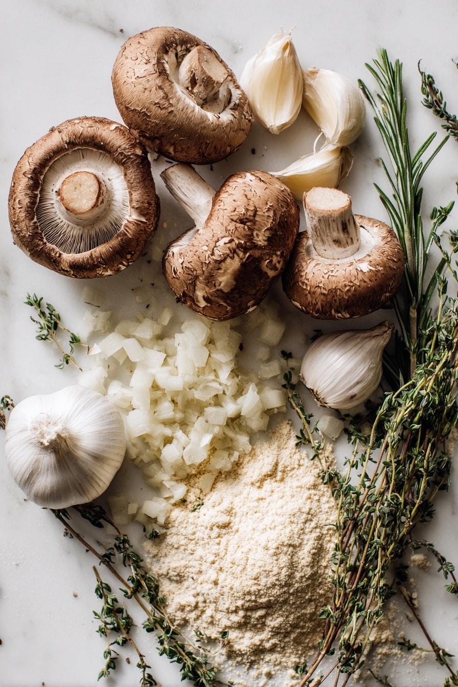 Mushroom Gravy, vegetarian mushroom gravy, easy mushroom gravy, earthy mushroom sauce, comforting gravy recipes - Flat lay of fresh cremini mushrooms with their rich brown caps and white stems, a small pile of finely chopped shallots with a pale purple hue, two whole garlic cloves showcasing their smooth white skins, sprigs of fresh thyme with tiny green leaves, fresh rosemary branches with needle-like dark green leaves, and a small mound of golden all-purpose flour, all naturally arranged in a loose, artistic pattern with soft shadows and natural textures, placed on white marbled surface, photo taken with an iphone --ar 2:3 --v 7