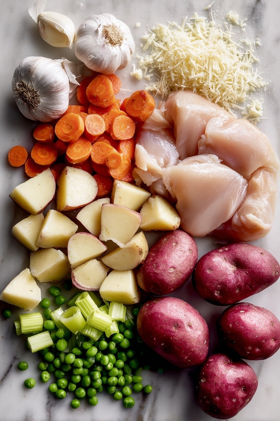 Slow Cooker Garlic Parmesan Chicken Stew, Easy Crockpot Chicken Stew, comforting chicken recipes, hearty slow cooker dinners, Parmesan chicken recipes - Flat lay of fresh red potatoes cut into chunky pieces showing their smooth red skin and creamy white inside, bright orange carrot slices with a slightly glossy texture, crisp light green celery stalks with visible veins, finely chopped pale yellow onion pieces, three whole garlic cloves with papery white skins and a few peeled cloves showing smooth surfaces, plump raw chicken breasts with a soft pale pink color and moist texture, vibrant green frozen peas scattered naturally, and a small mound of grated Parmesan cheese with a snowy white color and crumbly texture, arranged beautifully with a mix of round, elongated, and irregular shapes, placed on white marbled surface, photo taken with an iphone --ar 2:3 --v 7