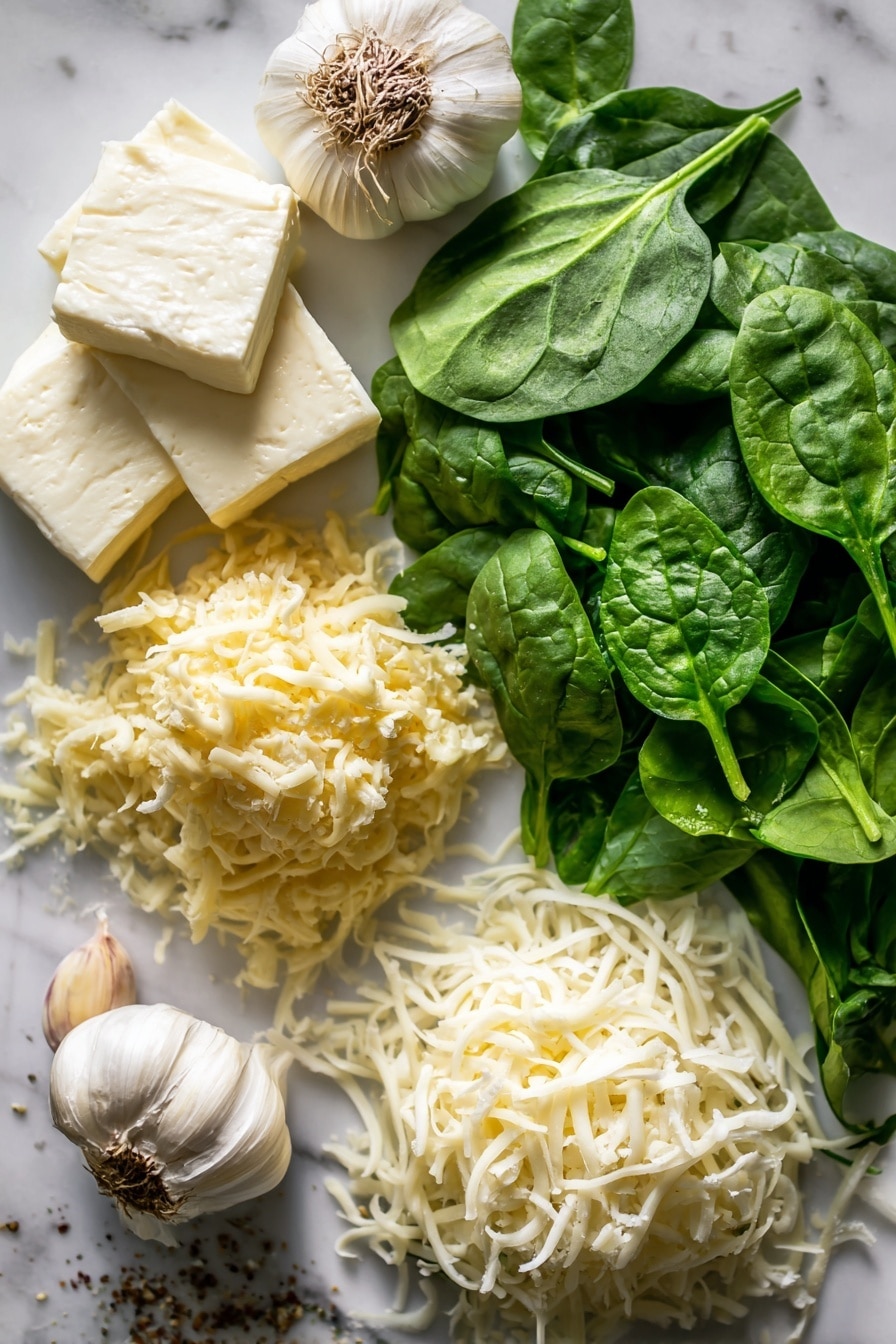 Baked Spinach Dip, creamy spinach dip, cheesy spinach dip, easy spinach dip, hot spinach appetizer - Flat lay of fresh bright green spinach leaves with delicate veins, creamy white blocks of cream cheese with smooth texture, whole garlic cloves showing their off-white papery skins, a small pile of grated pale yellow parmesan cheese with fine, flaky texture, shredded asiago cheese strands in soft golden hues, a neat mound of shredded white mozzarella cheese, fresh sprigs of bright green herbs, and scattered specks of dried onion powder, all beautifully arranged to create a fresh and inviting contrast, placed on white marbled surface, photo taken with an iphone --ar 2:3 --v 7