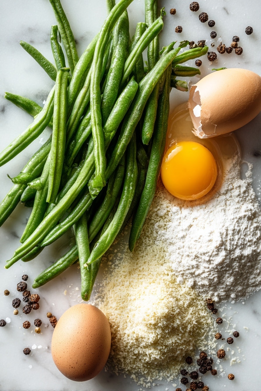 Green Bean Fries, healthy vegetable snacks, crispy green bean bites, easy veggie side dishes, baked green bean snacks - Flat lay of fresh green beans with bright green pods and smooth texture, a small heap of golden panko breadcrumbs with a light, flaky appearance, finely grated Parmesan cheese showing its pale yellow, crumbly texture, a cracked open brown egg with glossy yolk and translucent white beside it, a small pile of all-purpose flour in soft white powder form, scattered garlic powder with its pale tan granules, coarse salt crystals shimmering softly, and whole black peppercorns adding dark, round contrast, all beautifully arranged with natural spacing and slight overlaps, placed on white marbled surface, photo taken with an iphone --ar 2:3 --v 7