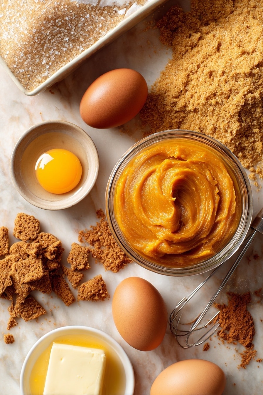 Pumpkin Dump Cake, easy fall dessert, pumpkin dessert recipe, quick dump cake, beginner friendly pumpkin treat - Flat lay of bright orange pumpkin puree in a glass jar, smooth and vibrant; golden yellow cake mix spilling gently from an open box; glossy light brown sugar crystals heaped in a small pile; three fresh brown eggs with smooth shells; warm golden melted butter in a small dish; rough-textured coarsely crushed graham crackers scattered naturally; rich amber toffee bits glistening softly; and aromatic pumpkin pie spice with a warm brown color sprinkled delicately nearby, all arranged organically with varying textures and colors that complement each other, placed on white marbled surface, photo taken with an iphone --ar 2:3 --v 7