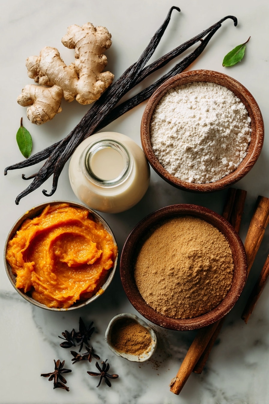 Vegan Pumpkin Pancakes, Pumpkin Pancake Recipe, Vegan Breakfast Ideas, Fall Breakfast Recipes, Plant-Based Pancakes - Flat lay of vibrant orange pumpkin puree in a small bowl, a glass jug of creamy soy milk, a smooth wooden bowl of all-purpose flour with soft white texture, warm brown cinnamon sticks and a small heap of golden ground cinnamon powder, fresh ginger root with its knobby, beige skin, a scattering of pale maple syrup glistening in a tiny dish, glossy dark brown nutmeg whole pods, and light green vanilla bean pods arranged naturally with a few cinnamon sticks crossing over each other, placed on white marbled surface, photo taken with an iphone --ar 2:3 --v 7