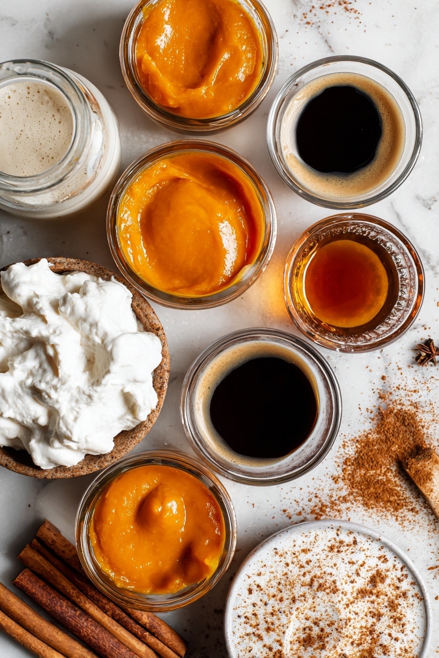 Vegan Pumpkin Spice Latte, dairy-free pumpkin spice latte, plant-based pumpkin coffee, homemade pumpkin latte, healthy vegan coffee drinks - Flat lay of smooth, bright orange pumpkin puree dollops, rich amber maple syrup in glistening small pools, warm brown cinnamon sticks, ground cinnamon and specks of nutmeg and ginger powder sprinkled softly, creamy white oat milk gently poured in a clear small jar, dark roasted espresso shots in tiny glass vessels, and a fluffy swirl of white dairy-free whipped cream with a light dusting of pumpkin pie spice, all naturally arranged with a cozy autumn feel, placed on white marbled surface, photo taken with an iphone --ar 2:3 --v 7