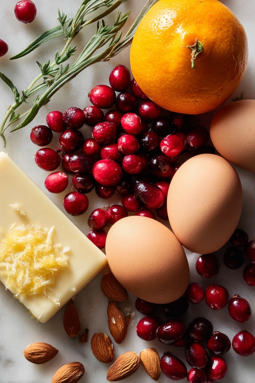 Cranberry Christmas Cake, festive holiday cake recipe, cranberry dessert ideas, holiday cake with cranberries, Christmas cake with orange zest - Flat lay of bright red fresh cranberries with their glossy, plump skins, a whole vibrant orange with a section of finely grated orange zest showing its bright, textured peel, smooth pale yellow unsalted butter block softly lit to reveal its creamy texture, three large glossy brown eggs with smooth shells, and small sprigs of green fresh vanilla bean pods alongside scattered light brown almond nuts, all naturally arranged with gentle overlaps and soft shadows, placed on white marbled surface, photo taken with an iphone --ar 2:3 --v 7