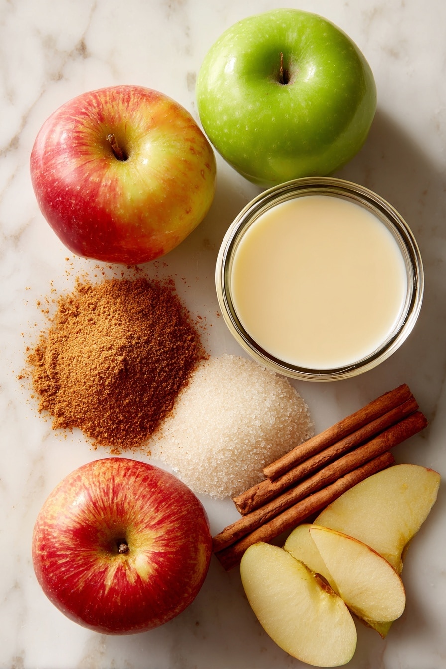 Crispy Apple Fritters with Vanilla Glaze, apple fritter recipe, fall dessert ideas, homemade apple fritters, easy fritter recipe - Flat lay of two whole crisp apples—one Granny Smith with bright green skin and one Honeycrisp showing a blend of red and yellow hues—next to a small mound of ground cinnamon with its warm reddish-brown color, a glass container of smooth pale yellow unsweetened applesauce, a small pile of fine granulated white sugar crystals, and a cup of creamy off-white soy milk. The ingredients are naturally spaced with a few apple slices fanned out to show their juicy texture alongside a scattering of cinnamon sticks with rough bark texture. All placed on white marbled surface, photo taken with an iphone --ar 2:3 --v 7