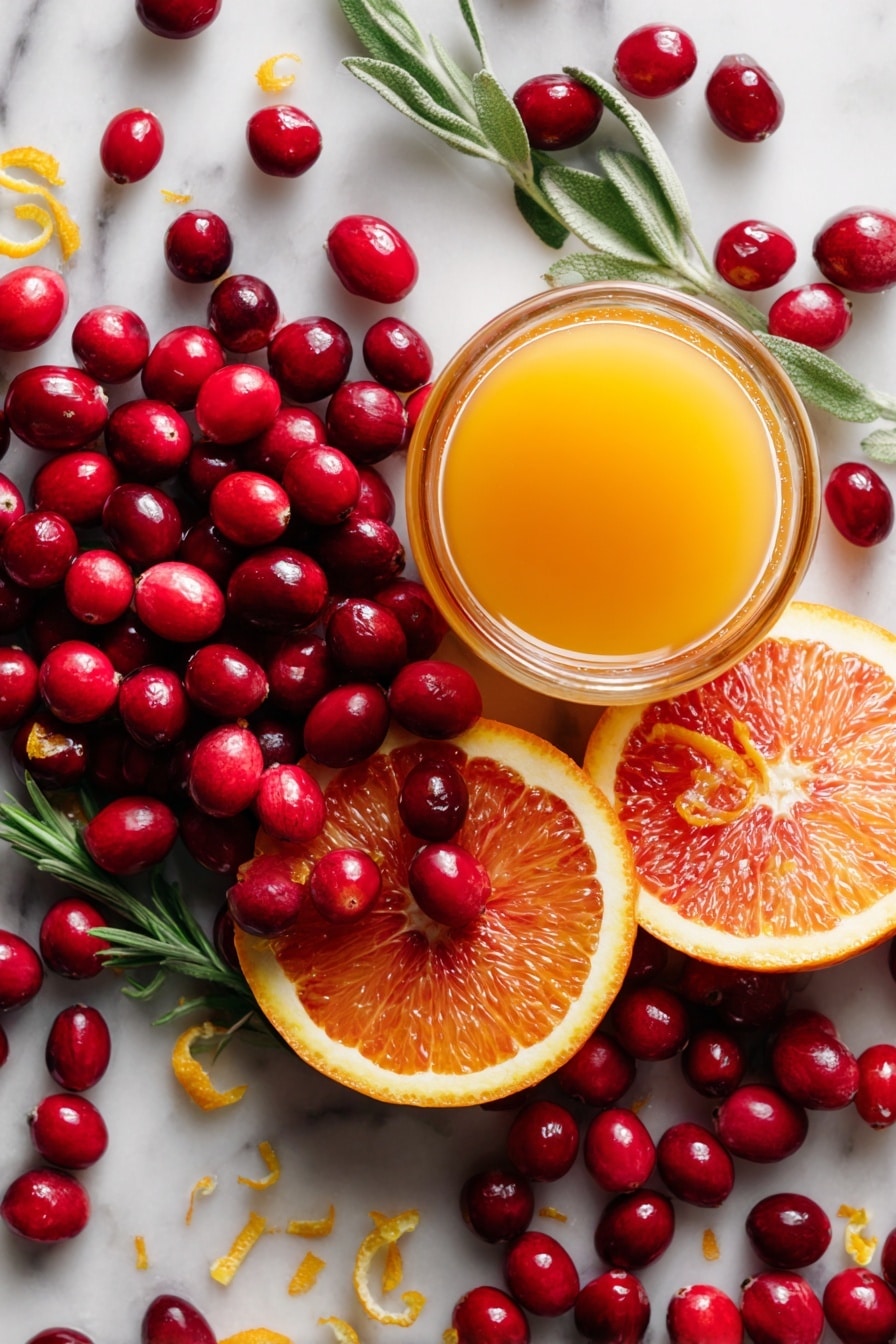 Easy Cranberry Sauce with Orange Juice, cranberry sauce, orange cranberry appetizer, holiday cranberry sauce, homemade fruit sauce - Flat lay of fresh, plump red cranberries with their glossy skin, vibrant orange slices showing juicy segments and bright orange zest curls, a small glass container of golden-orange juice catching the light, and a few sprigs of fresh green herbs for contrast, all arranged naturally with scattered cranberries and zest flakes adding texture, placed on white marbled surface, photo taken with an iphone --ar 2:3 --v 7