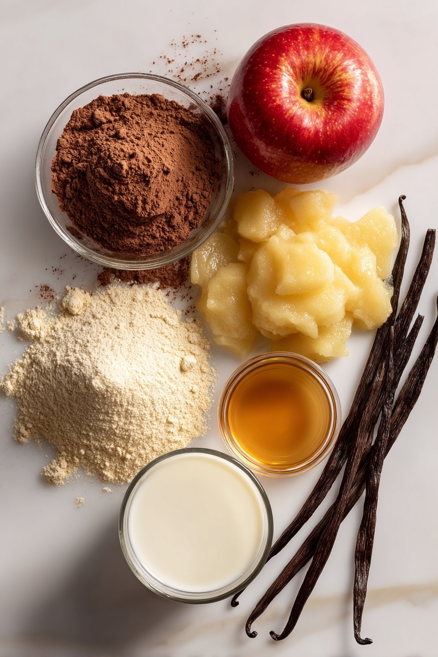 Gluten Free Vegan Chocolate Cake, dairy free vegan chocolate cake, eggless gluten free chocolate cake, vegan chocolate desserts, healthy chocolate cake recipe - Flat lay of rich natural unsweetened cocoa powder in a neat pile, a small mound of light beige gluten free flour mix with a soft powdery texture, smooth and glossy dark brown granulated sugar crystals, a fresh whole bright red apple beside a small bowl of golden unsweetened applesauce with a silky texture, a clear glass cup filled with creamy white soy milk, a small cluster of pale golden baking soda crystals, translucent amber apple cider vinegar in a delicate pool, and a small bunch of fresh green vanilla bean pods arranged casually together, placed on white marbled surface, photo taken with an iphone --ar 2:3 --v 7