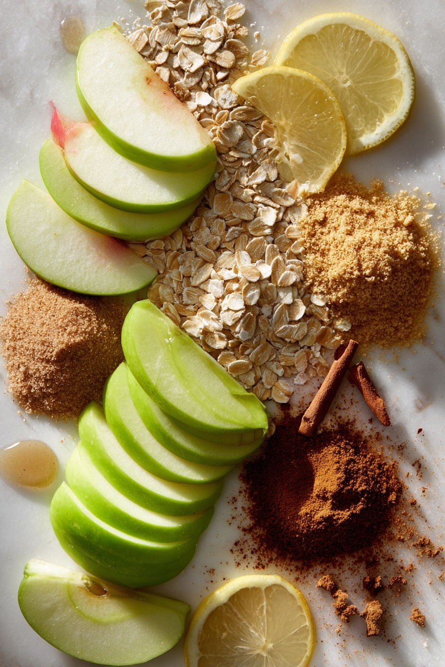 Gluten Free Vegan Apple Crumble Pie, gluten free vegan dessert, healthy apple crumble, dairy free apple pie, vegan fruit desserts - Flat lay of a mix of Granny Smith and Pink Lady apples sliced thin with their bright green and rosy pink skins contrasting against the pale creamy flesh, scattered raw rolled oats showing their soft, slightly rough texture, a small heap of golden almond flour with a fine, sandy look, warm brown piles of light and dark brown sugar crystals sparkling gently, a small mound of ground cinnamon in rich reddish-brown powder form, freshly grated nutmeg shavings with a light tan color, a couple of fresh lemon wedges with vibrant yellow skin and juicy interiors, and a few drops of clear vanilla extract glistening softly, all beautifully arranged with natural spacing and slight overlaps to create depth, placed on white marbled surface, photo taken with an iphone --ar 2:3 --v 7