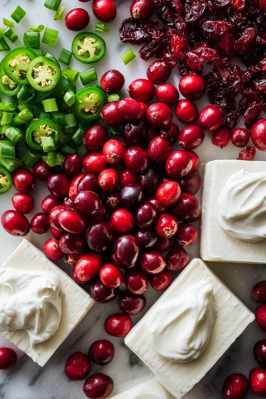 Cranberry Jalapeno Dip, festive dip recipes, spicy fruit dip, easy party snacks, cranberry jalapeno appetizer - Flat lay of bright red fresh cranberries and deep red dried cranberries scattered naturally beside vibrant green chopped green onions and sliced bright green jalapeno peppers with smooth white vegan cream cheese blocks and dollops of creamy white vegan yogurt, all showing contrasting textures and rich colors, placed on white marbled surface, photo taken with an iphone --ar 2:3 --v 7