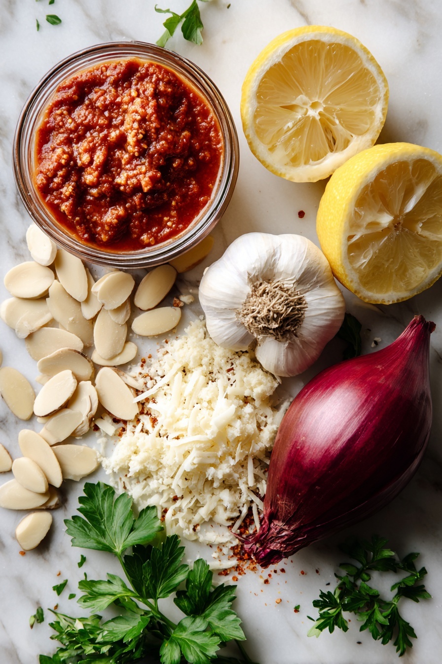 Vegan Lasagna Rolls with Ricotta and Meaty Marinara, vegan lasagna rolls, plant-based lasagna recipe, vegan dinner ideas, hearty vegan pasta - Flat lay of raw slivered almonds with their smooth, pale beige texture, a bright fresh lemon cut in half showing its juicy yellow interior, a plump medium sweet onion with shiny purple-red skin, cloves of fresh garlic with their papery white skins slightly peeled, vibrant red marinara sauce in a small natural mound, rich brown vegan ground beef crumbles with a crumbly texture, a handful of shredded vegan mozzarella cheese in soft white strands, finely chopped fresh green parsley leaves scattered gently, all placed on white marbled surface, photo taken with an iphone --ar 2:3 --v 7