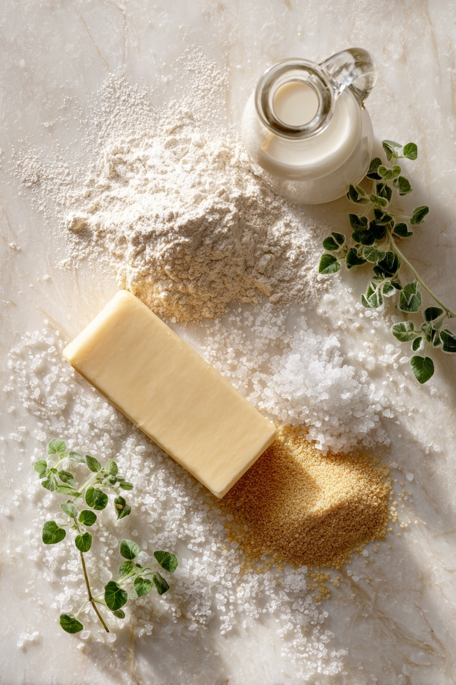 Vegan Dinner Rolls, Fluffy Vegan Roll Recipe, Plant-Based Dinner Rolls, Soft Vegan Bread Rolls, Easy Vegan Dinner Rolls - Flat lay of a small pile of smooth white all-purpose flour, a golden block of soft vegan butter with a slightly creamy texture, a small mound of light tan instant rapid rise yeast granules, a clear glass bottle of unsweetened creamy soy milk pouring gently, a scattering of sparkling white granulated sugar crystals, and a few fresh sprigs of green herbs for contrast, all naturally arranged with gentle shadows and soft light, placed on white marbled surface, photo taken with an iphone --ar 2:3 --v 7