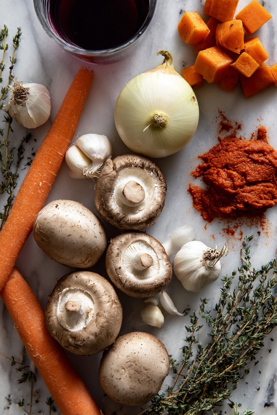 Mushroom Bourguignon, vegan mushroom stew, plant-based French stew, hearty mushroom recipes, vegetarian bourguignon - Flat lay of fresh cremini mushrooms with their smooth brown caps and creamy white stems, large peeled and chunky bright orange carrots, a whole sweet onion with its shiny pale yellow skin, several cloves of garlic with papery white skins, a small bunch of dried thyme and oregano sprigs with muted green leaves, a rich deep red splash of Pinot Noir wine in a glass container, and a dollop of thick, vibrant red tomato paste in a small heap, all naturally arranged with slight overlaps and varied angles to show texture and color contrast, placed on white marbled surface, photo taken with an iphone --ar 2:3 --v 7