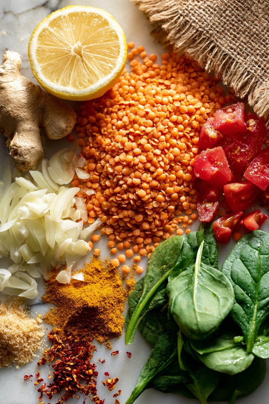 Red Lentil Dahl, Quick Red Lentil Dahl, Easy Indian Lentil Curry, Healthy Lentil Dinner, Vegetarian Lentil Recipes - Flat lay of bright orange dried red lentils spilling slightly from a rustic burlap, a cluster of fresh, vibrant green baby spinach leaves with delicate veins, a halved lemon showing its juicy, pale yellow interior, plump red diced tomatoes glistening with natural moisture, a whole yellow onion with papery skin alongside finely chopped onion pieces, fresh garlic cloves with smooth white skins and some peeled, thin strips of pale beige fresh ginger root with its rough texture, scattered warm brown garam masala powder and vivid golden turmeric powder forming soft piles, and small red chili flakes adding a pop of color, all beautifully arranged with natural spacing and slight overlaps, placed on white marbled surface, photo taken with an iphone --ar 2:3 --v 7