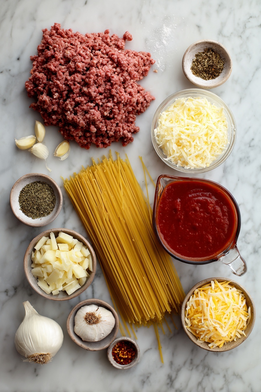 Easy Baked Spaghetti with Ground Beef and Melty Cheeses, baked spaghetti recipe, cheesy baked spaghetti, ground beef pasta bake, family favorite spaghetti dish - Flat lay of a large bundle of uncooked spaghetti, a mound of lean ground beef, half a small chopped onion, four garlic cloves, a small bowl of dried oregano, a small dish with red pepper flakes, a generous pitcher of marinara sauce, a small bowl each of shredded mozzarella and shredded cheddar cheeses, and a small pile of freshly grated parmesan cheese, all placed on a white marble surface, photo taken with an iphone --ar 2:3 --v 7