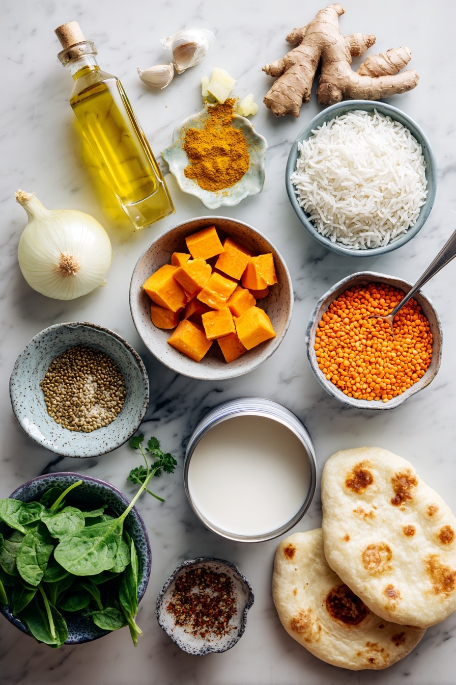 Coconut Sweet Potato Lentil Soup, Sweet Potato Lentil Soup with Coconut Milk, Healthy Coconut Lentil Soup, Cozy Vegan Lentil Soup, Nourishing Sweet Potato Soup - Flat lay of a small bottle of extra virgin olive oil, half a yellow onion chopped, a small piece of grated fresh ginger, two cloves of garlic peeled and minced, two whole peeled and cubed sweet potatoes, a small bowl of yellow curry powder, a pinch of cayenne pepper in a tiny dish, a cup of dried red lentils, an opened can of coconut milk partially poured out, a handful of fresh baby spinach leaves, a small bowl of cooked basmati rice, a small bunch of fresh cilantro chopped, and a piece of fresh naan bread, all placed on a white marble surface, photo taken with an iphone --ar 2:3 --v 7