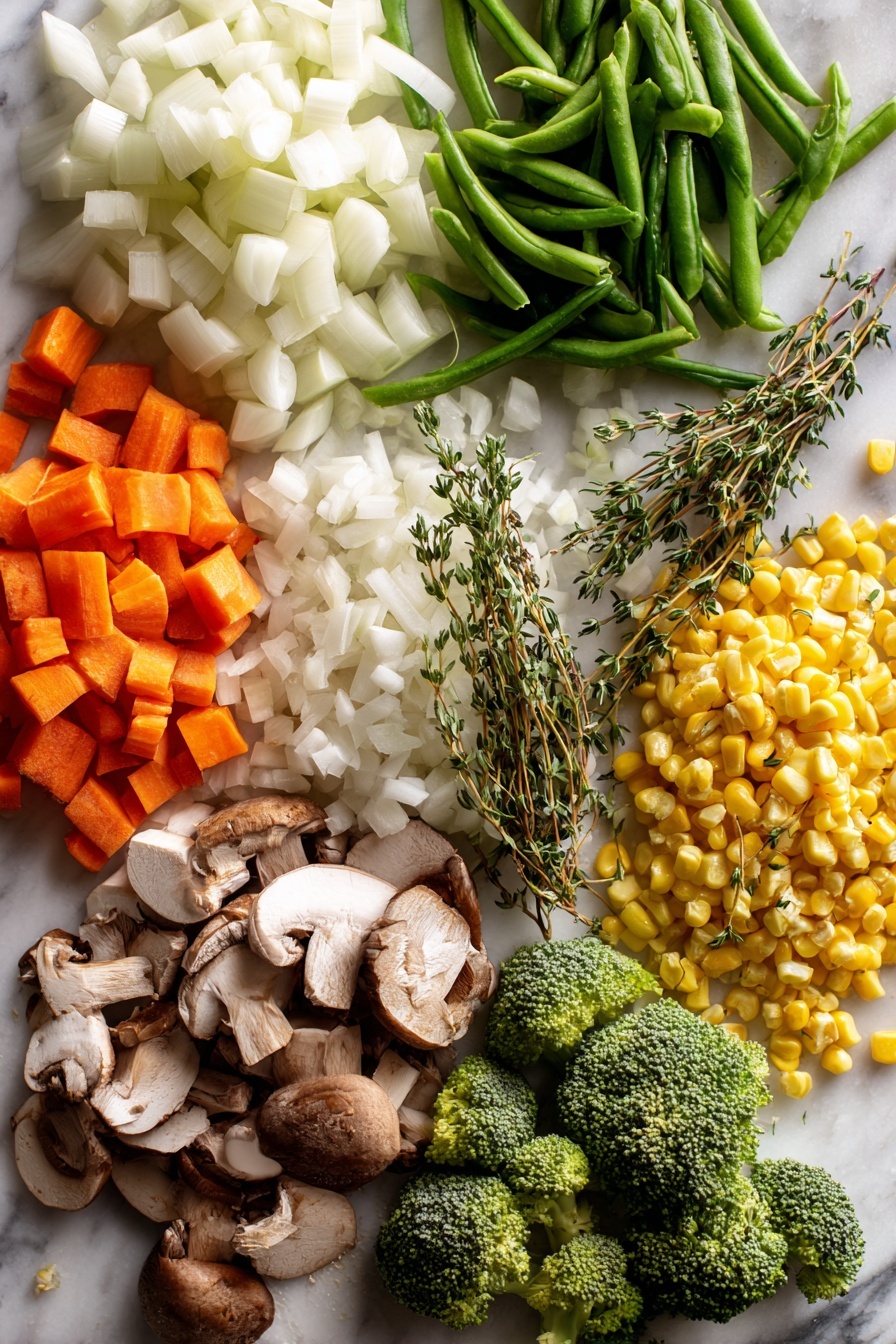 Creamy Vegetable Soup, healthy vegetable soup, easy vegetable soup, homemade vegetable soup, comforting veggie soup - Flat lay of diced white onion, sliced celery ribs, whole bright orange carrots, minced garlic cloves, fresh green beans, sliced brown mushrooms, vibrant green broccoli florets, and golden yellow corn kernels, all beautifully arranged with sprigs of dried thyme and oregano scattered artfully, placed on a white marble surface, photo taken with an iphone --ar 2:3 --v 7