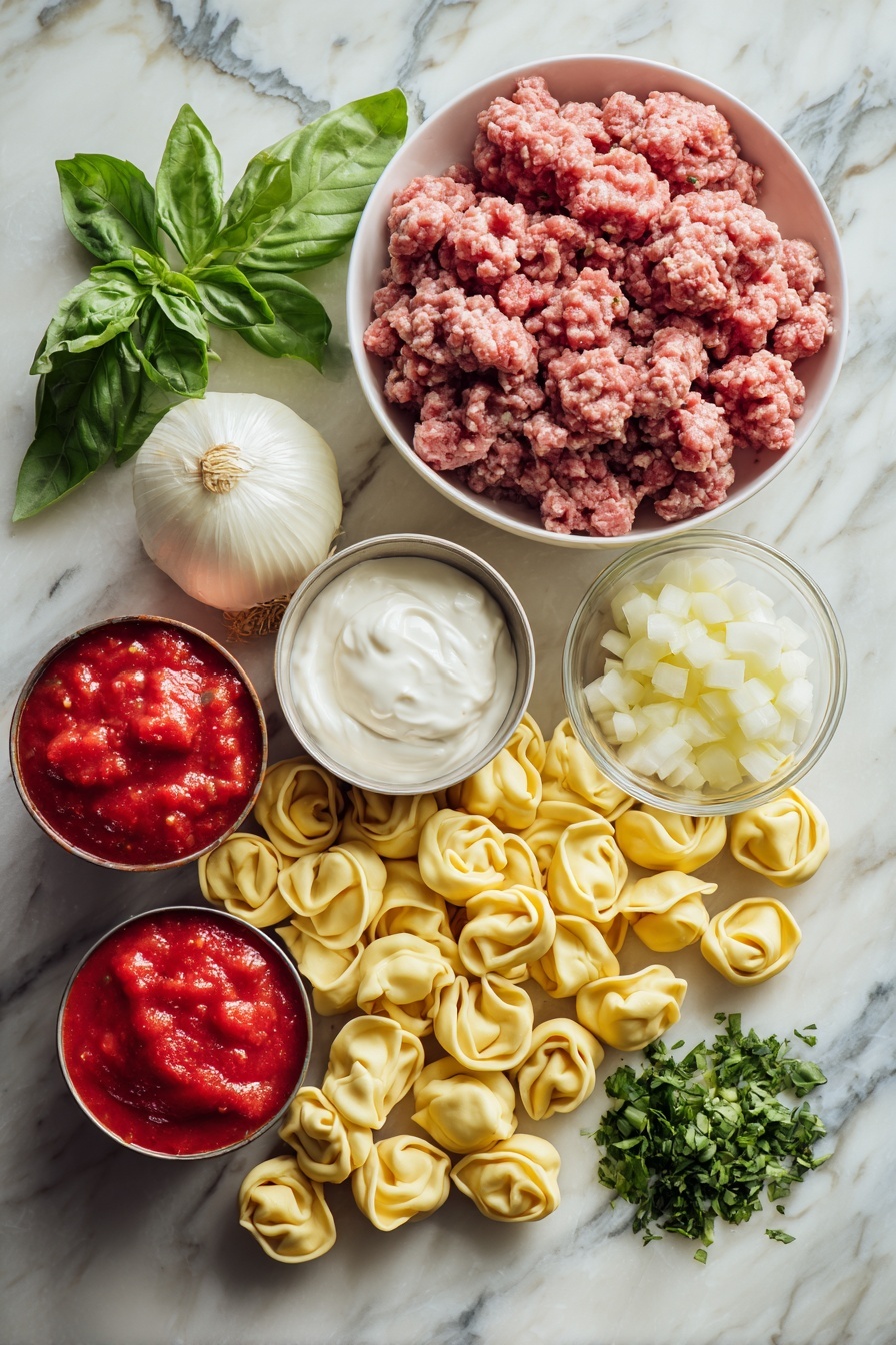 Sausage Tortellini Soup, creamy sausage tortellini soup recipe, comforting sausage and tortellini soup, easy sausage tortellini meal, quick savory soup with sausage - Flat lay of fresh ground pork sausage piled loosely, a medium yellow onion diced into small cubes, several cloves of minced garlic, two cans of bright red fire roasted diced tomatoes spilled partially from their cans, plump cheese tortellini arranged in a neat cluster, a dollop of creamy sour cream, and vibrant green chopped fresh basil leaves scattered artfully, all placed on a white marble surface, photo taken with an iphone --ar 2:3 --v 7