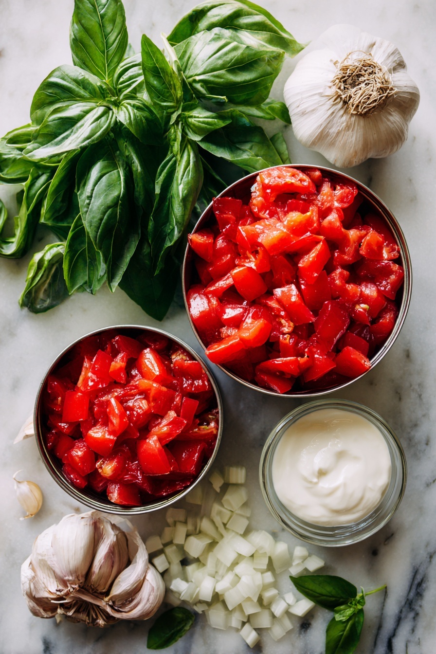 Easy Tomato Basil Soup, Tomato Basil Soup, homemade tomato soup, quick tomato basil soup, comforting tomato soup - Flat lay of bright red fire roasted diced tomatoes in their cans, fresh large green basil leaves, a medium diced white onion, several peeled garlic cloves, and a small glass bowl of creamy heavy cream, all beautifully arranged with a few scattered basil leaves and garlic cloves for texture, placed on a white marble surface, photo taken with an iphone --ar 2:3 --v 7