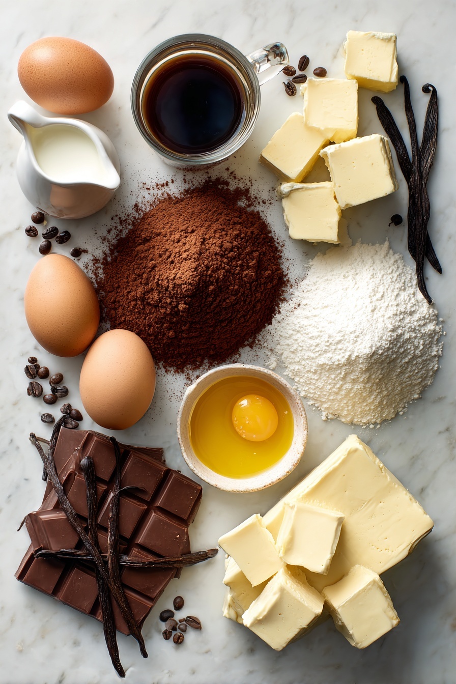 The Most Amazing Chocolate Cake, best chocolate cake recipe, moist chocolate cake, rich chocolate cake, homemade chocolate cake - Flat lay of rich unsweetened cocoa powder heaps, smooth golden vegetable oil in a small pool, fresh large brown eggs, creamy white buttermilk in a small jug, dark brewed coffee in a glass cup, vanilla bean pods with scattered vanilla seeds, soft cubes of pale yellow butter, blocks of white cream cheese, and a mound of fine powdered sugar, all beautifully arranged on a white marble surface, photo taken with an iphone --ar 2:3 --v 7