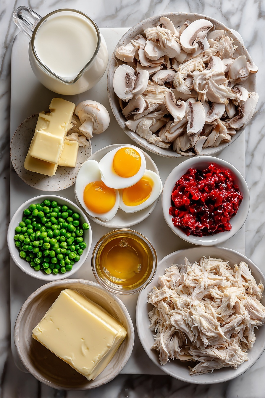 Chicken a la King, Classic Chicken a la King, chicken skillet recipes, creamy chicken dinner, easy chicken recipes - Flat lay of shredded cooked chicken, sliced white mushrooms, bright green frozen peas, diced red pimientos, golden egg yolks, creamy heavy cream, whole butter block, fresh milk poured in a small glass jug, and a small bowl of rich chicken broth, all beautifully arranged on a white marble surface, photo taken with an iphone --ar 2:3 --v 7